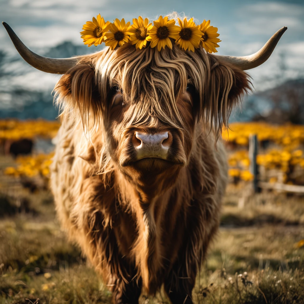 Highland cattle，Sunflowers are worn on their heads，