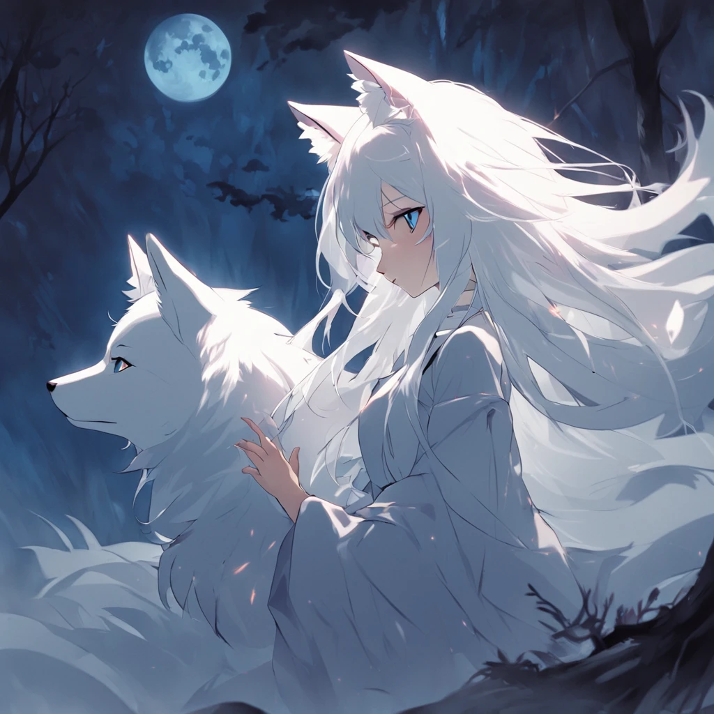 (There is a huge white nine-tailed fox next to the anime girl with white hair fox ears before the full moon:1.5), fantasy fox love, White-haired fox, white fox anime, Anime fantasy illustration,(dark forest background，Blue transparent smoke surrounds:1.8), art of silverfox,Best quality, Masterpiece, 超高分辨率, (photograph realistic:1.4), ultra-realistic realism, Dream-like,fusionart, Shadowdancer, shadow magic, Darkness, stealth, shadowstep, umbral spells,
