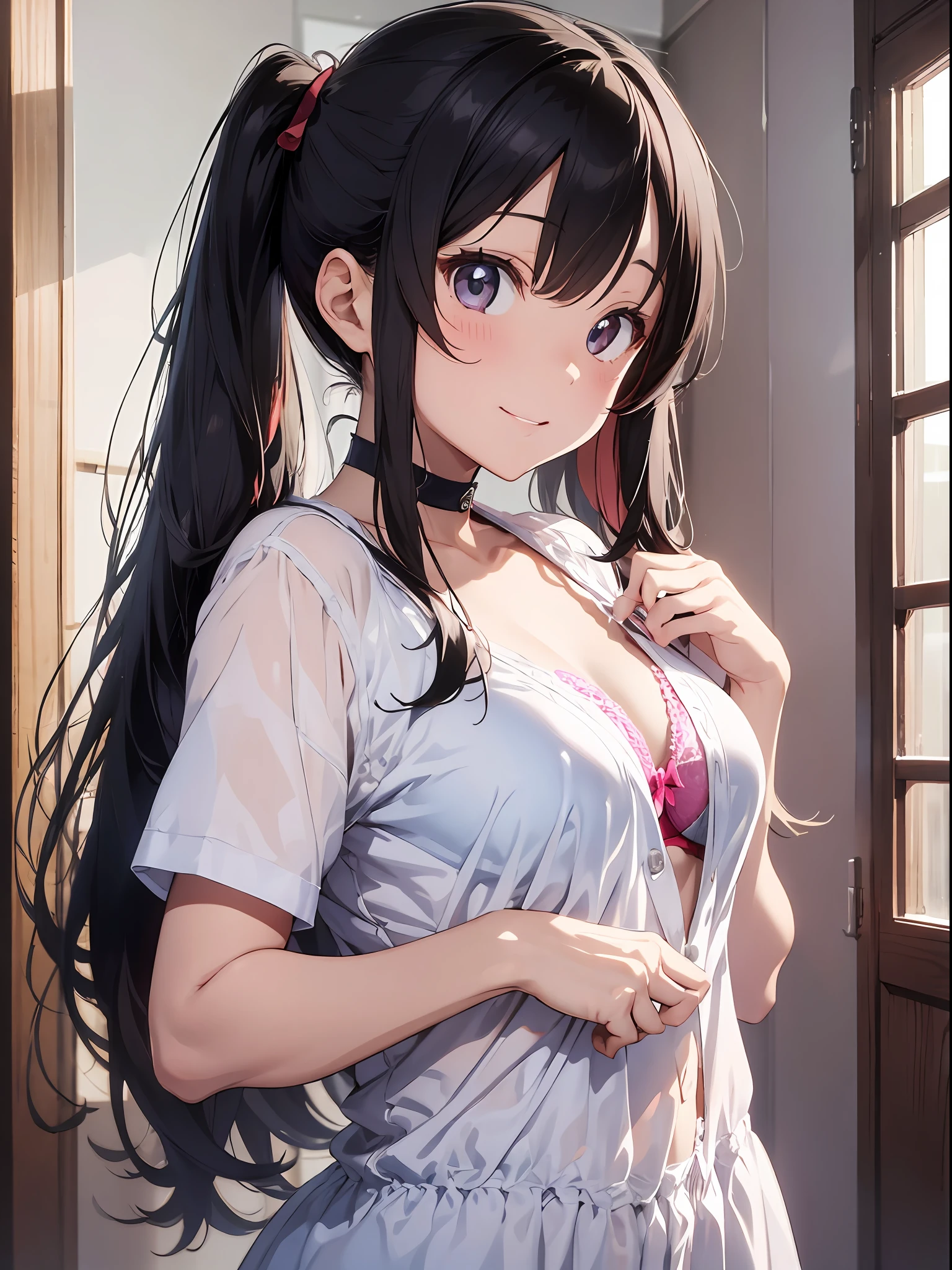 top-quality、masutepiece、in 8K、Pastel tones、girl with、A dark-haired、(Low Long Twin Tail)、Very long hair、full bodyesbian、Unbutton the front of the short-sleeved blouse to expose the bra.、Changing clothes、bra very、Watch the viewer's gaze、Hide in embarrassment、pantiy、ssmile、girl's own room