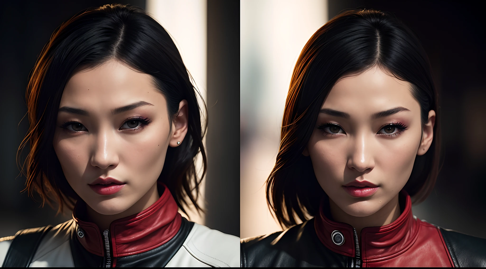 Japanese Bella Hadid wearing a black leather pants and a tight leather racing jacket, with quilted shoulders and red and white accents, inside a gambling den, ((slim, petite)), photorealistic, photo, masterpiece, realistic, realism, photorealism, high contrast, photorealistic digital art trending on Artstation 8k HD high definition detailed realistic, detailed, skin texture, hyper detailed, realistic skin texture, armature, best quality, ultra high res, (photorealistic:1.4),, high resolution, detailed, raw photo, sharp re, by lee jeffries nikon d850 film stock photograph 4 kodak portra 400 camera f1.6 lens rich colors hyper realistic lifelike texture dramatic lighting unrealengine trending on artstation cinestill 800,