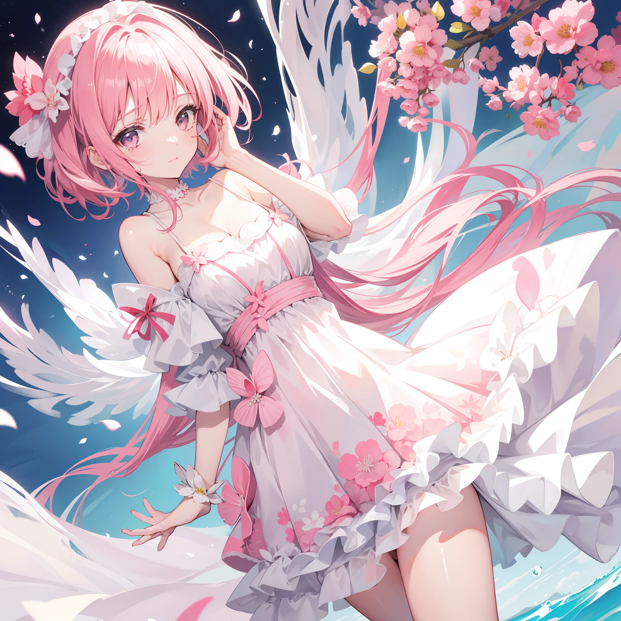 Short pink and white off-the-shoulder hair,Scallop white floral dress,Dignified and lovely teacher, Beautiful girl