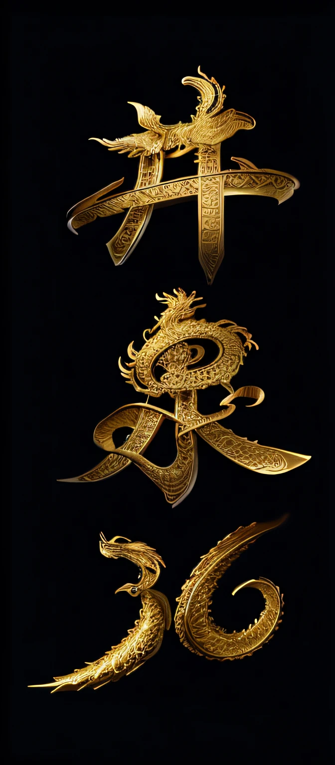 There are three golden symbols on a black background, golden chinese text, dragon design language, 8 intricate golden tenticles, Golden dragon, inspired by Li Kan, author:Kan Lee, By Shen Quan, intricate gold elements, inspired by Chang Dai-chien, author:Tan Yang Kano, Chinese art, inspired by Xu Xi