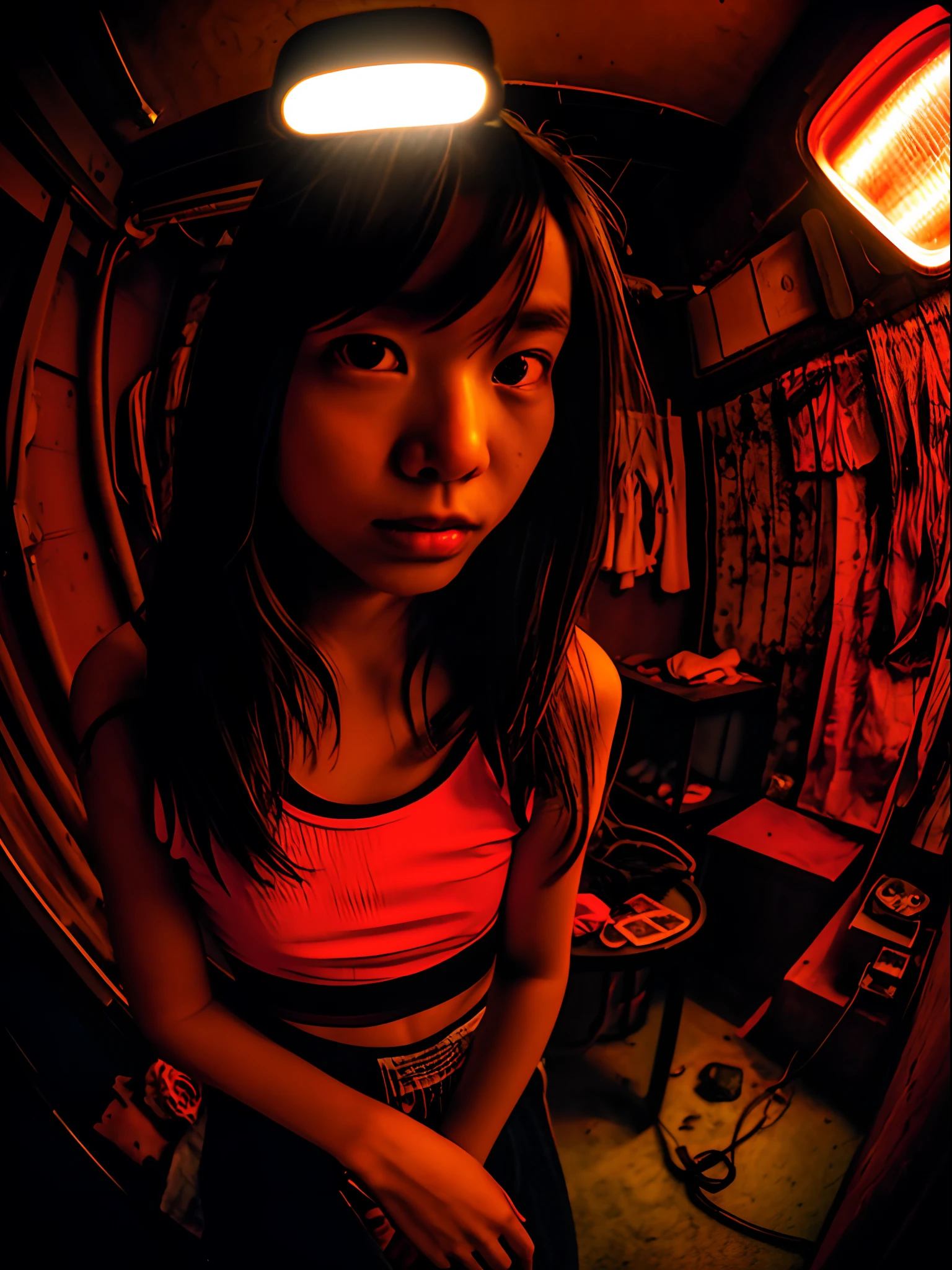 12 years old, watch the viewer, real, one girl, small face, , cowboy shot, (fisheye), narrow and dirty room, cotton panties, Japan old red light district, (((prostitute)), ((night)),