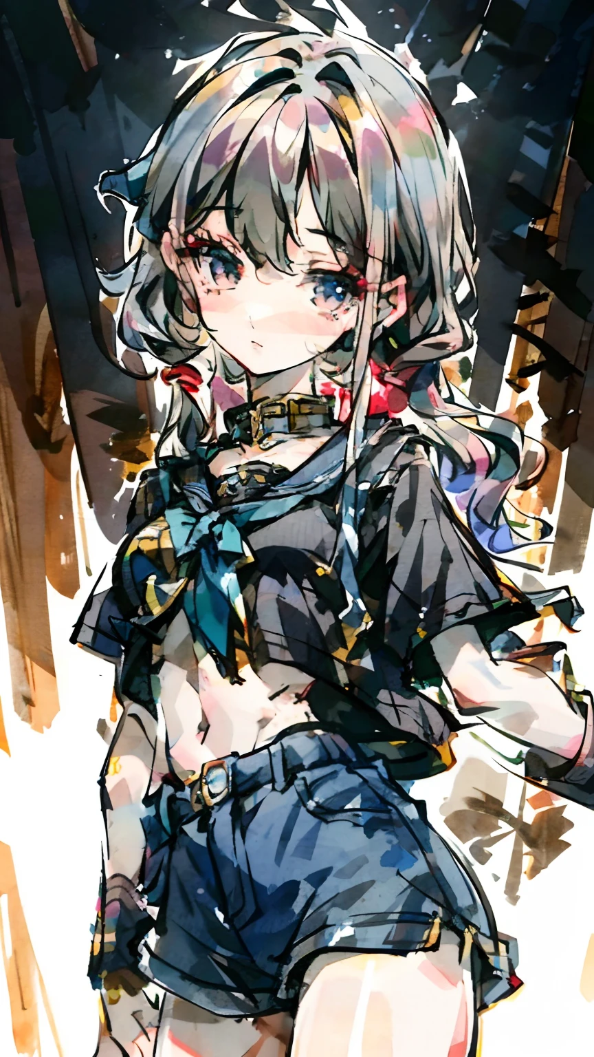 ((medium breast, tomboy girls, small head)), daylight, sunlight, (chiseled abs : 1.1), (perfect body : 1.1), (short wavy hair : 1.2) , gray blue hair, collar, chain, full body shot, crowded street, wearing black tanktop, jeans jacket, ((shorts)), (extremely detailed CG 8k wallpaper), (an extremely delicate and beautiful), (masterpiece), (best quality:1.0), (ultra highres:1.0),  beautiful lighting ,perfect lightning, realistic shadows, [highres], detailed skin, ultra-detailed
