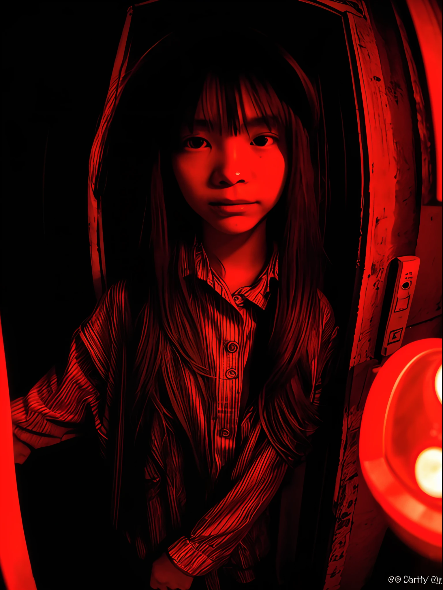 12 years old, watch the viewer, real, one girl, small face, , cowboy shot, (fisheye), narrow and dirty room, cotton panties, Japan old red light district, (((prostitute)), ((night)),