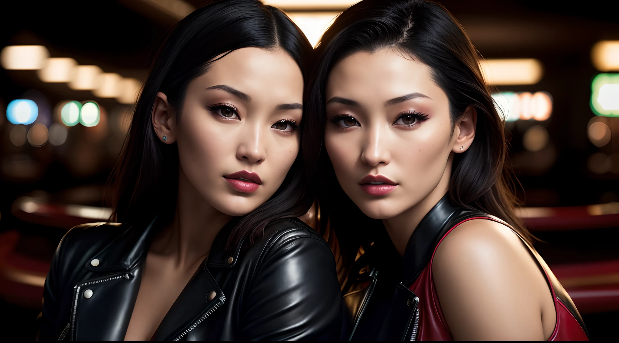 Japanese Bella Hadid wearing a black leather pants and a tight leather racing jacket, with quilted shoulders and red and white accents, inside a gambling den, ((slim, petite)), photorealistic, photo, masterpiece, realistic, realism, photorealism, high contrast, 8k HD high definition detailed realistic, detailed, skin texture, hyper detailed, realistic skin texture, armature, best quality, ultra high res, (photorealistic:1.4),, high resolution, detailed, raw photo, sharp re, by lee jeffries nikon d850 film stock photograph 4 kodak portra 400 camera f1.6 lens rich colors hyper realistic lifelike texture dramatic lighting