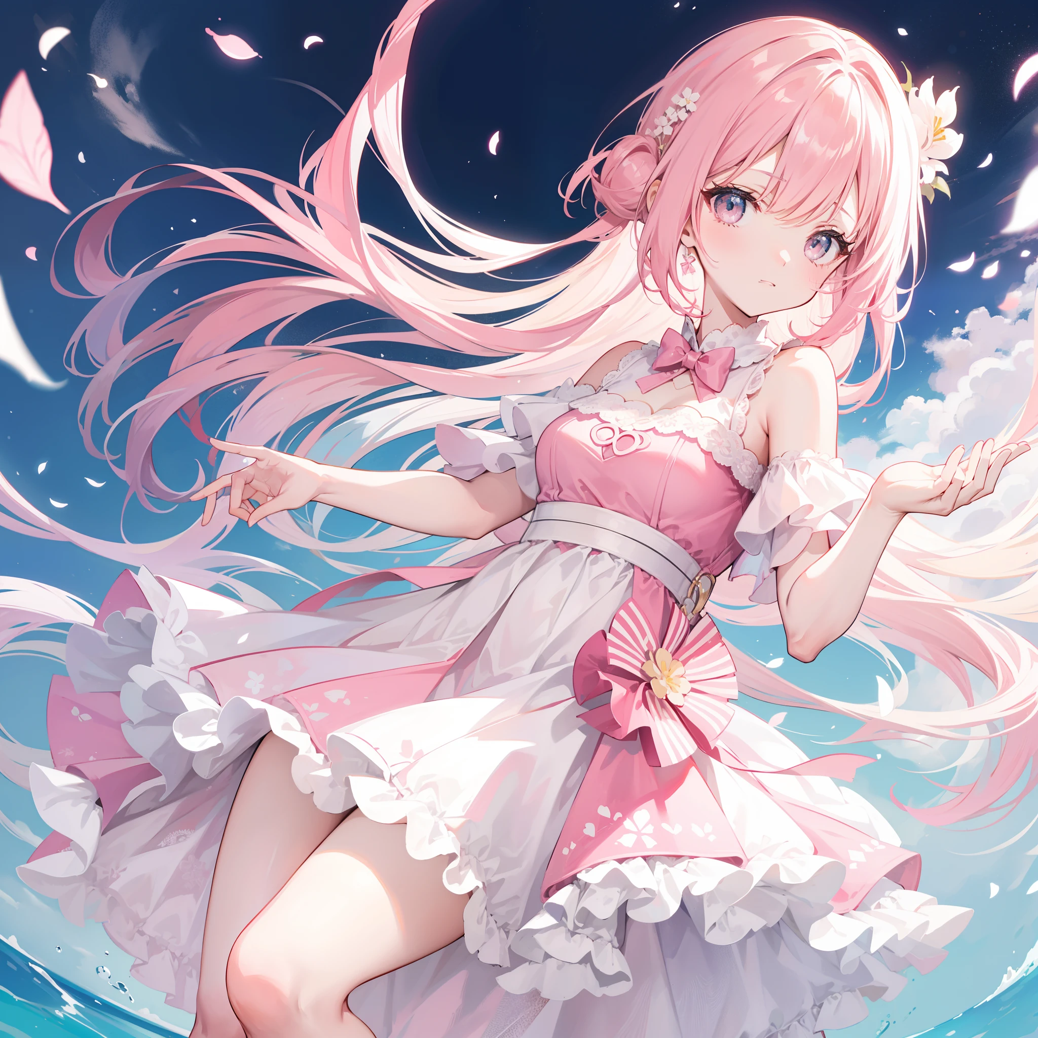 Short pink and white off-the-shoulder hair,Scallop white floral dress,Dignified and lovely teacher, Beautiful girl