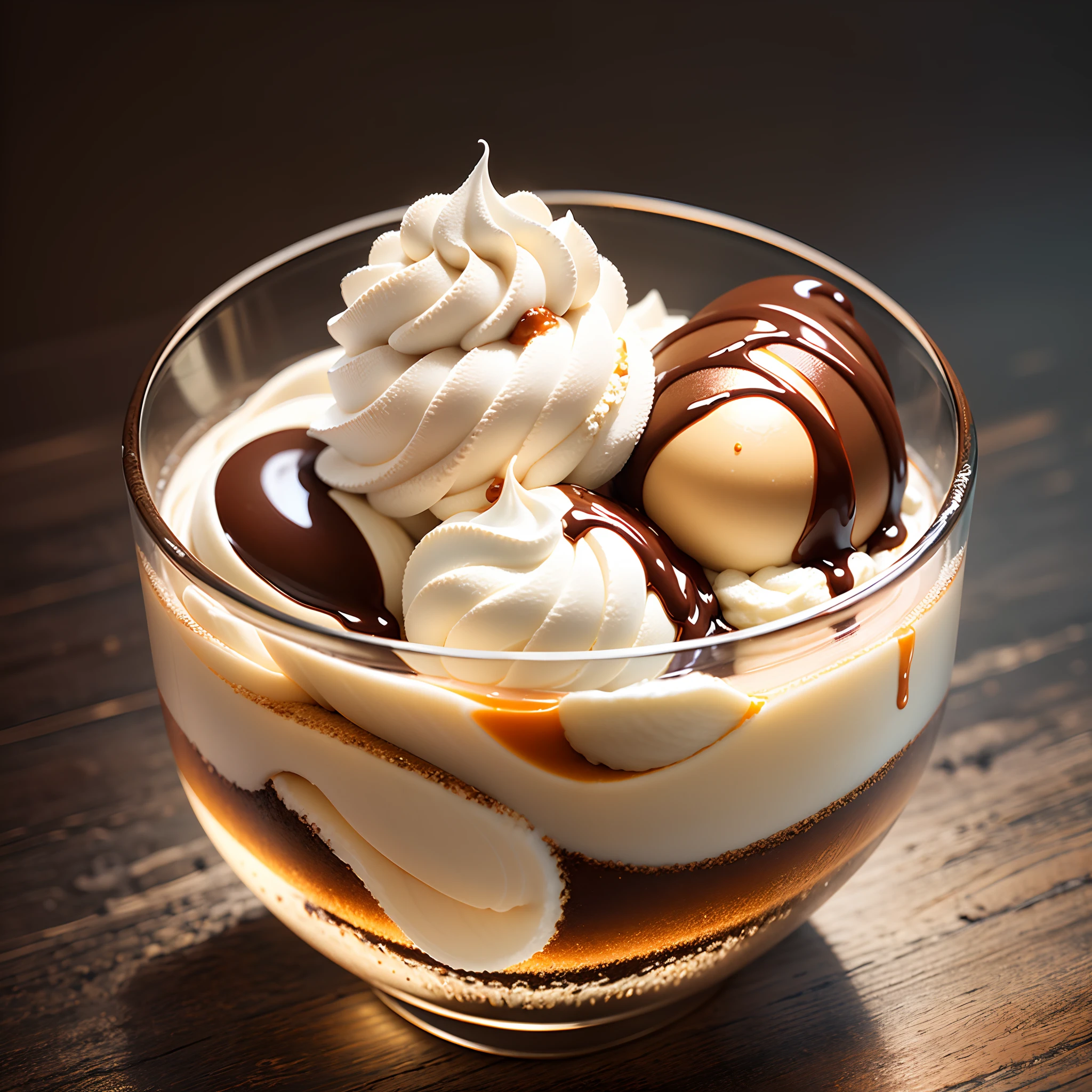 Ice cream with whipped cream, chocolate and caramel in a beautiful glass on the table,foodphoto, professional photography, intricate, unreal engine, lifelike ,hyperrealistic, beautiful, Fujifilm, 3d, 24k, --auto --s2