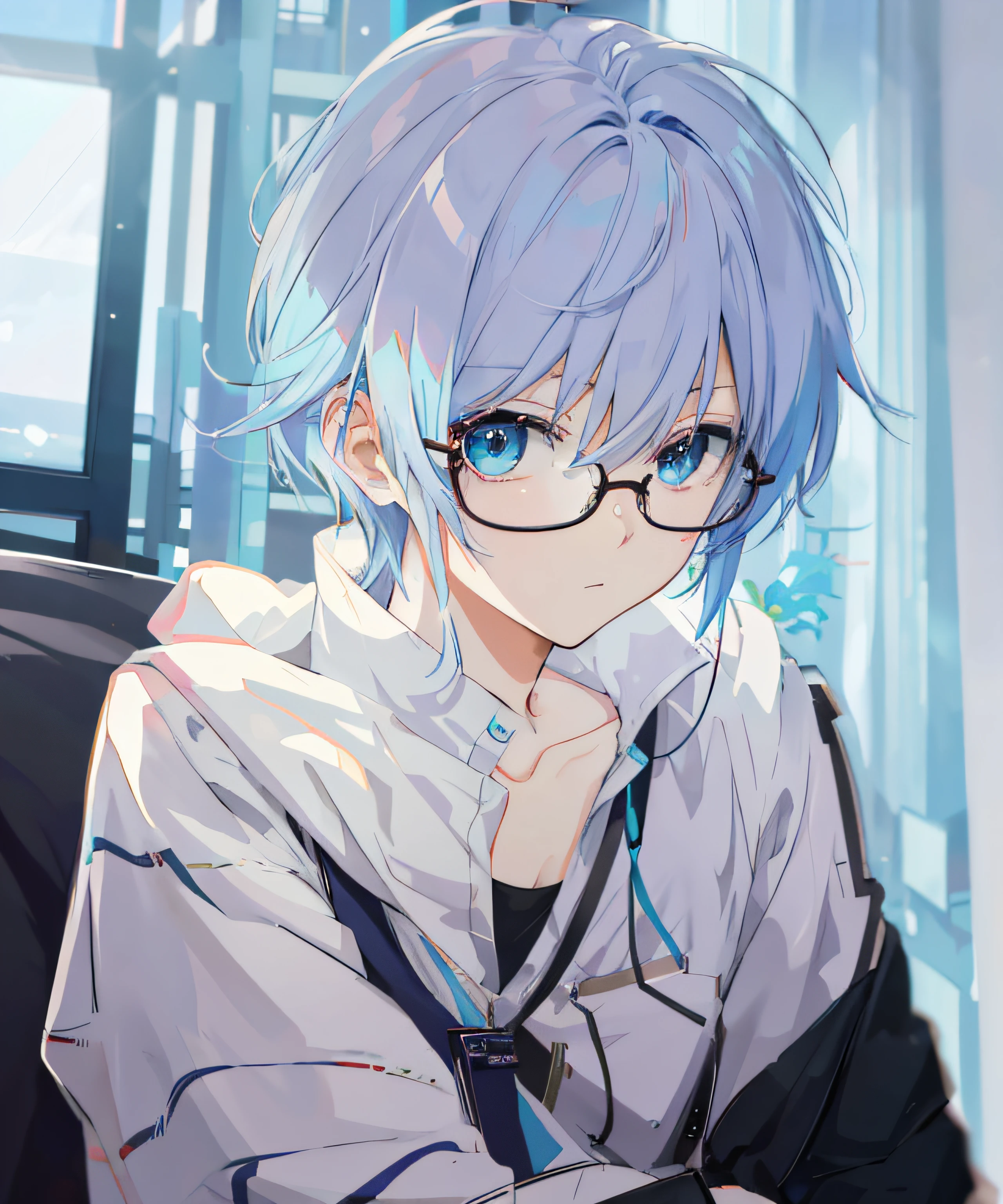 Anime - style image of a woman with blue hair and glasses, anime moe art style, 2 d anime style, with glasses, anime style 4 k, Smooth Anime CG Art, zerochan art, High quality anime art style, 4k anime wallpaper, tall anime man with blue eyes, best anime 4k konachan wallpaper, by Shitao, with glasses on