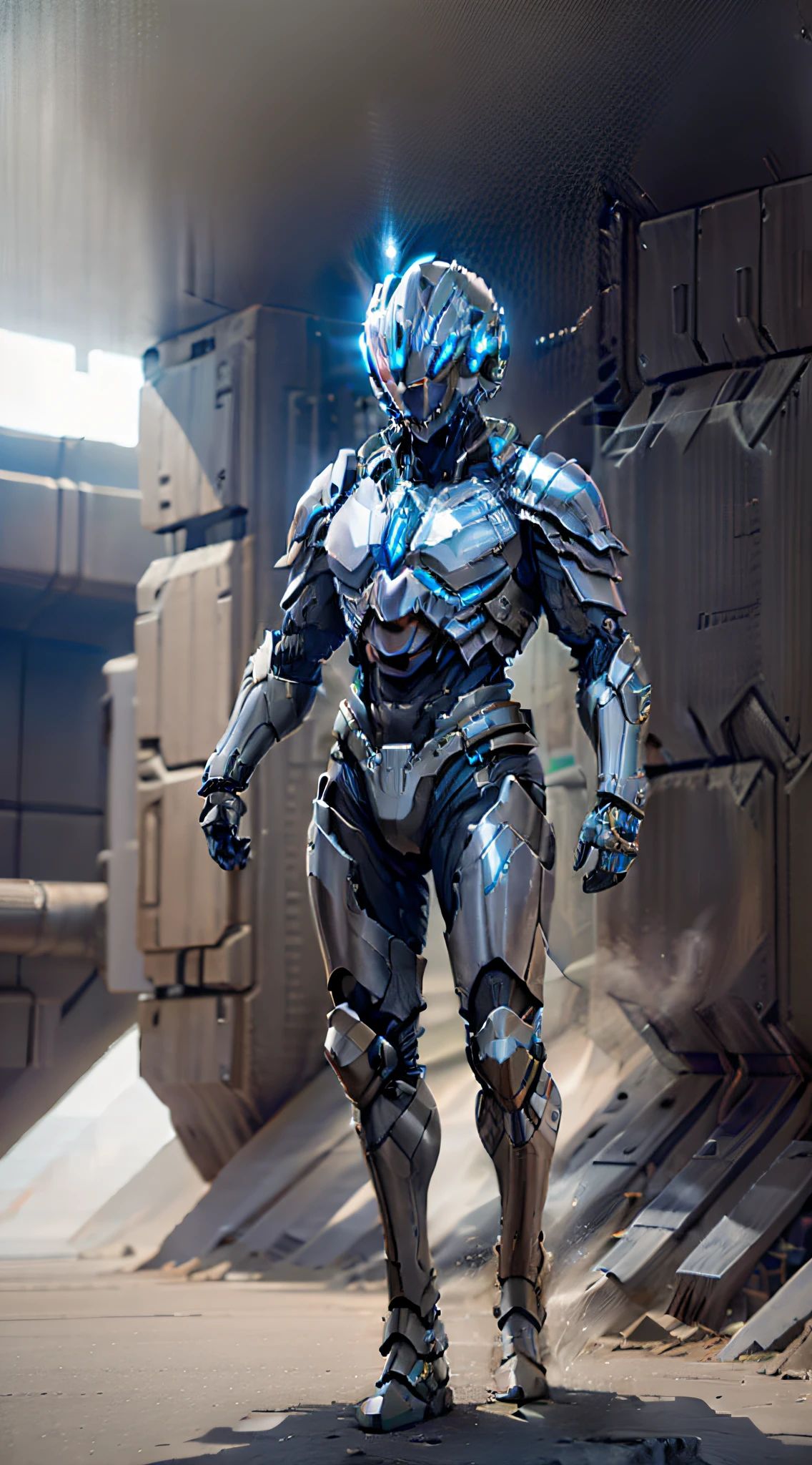 Female Robocop Solo、Bright outdoors、strong light source、8k, high quality, masterpiece, 最high quality, Crisp contrast、Very detailed、Full body armor、Very large armor、Helmet covering the head、Clear photos、The eyes are hidden by thin, translucent straight goggles.:1.3、The lower half of the face is raw々Shii:1.5、The lower half of the face is exposed、Seductive lips、Light blue and black metallic armor、Black accent color、Armor that completely covers the chest、Long, slender legs、Vibrant Posselo Body View,Big and ample breasts:1.5, (Sports Body:1.5)、Five Fingers、Hold a handgun、In the city