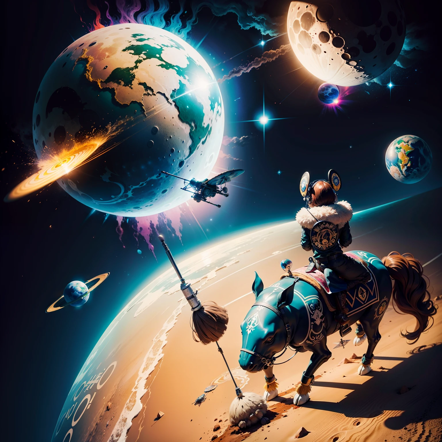 desenhar um coelho cartunesco em 2D (grafity) riding a broom on the moon with a tattoo machine and a psychedelic planet earth with several alien ships flying while a policeman walks like Michael jackson