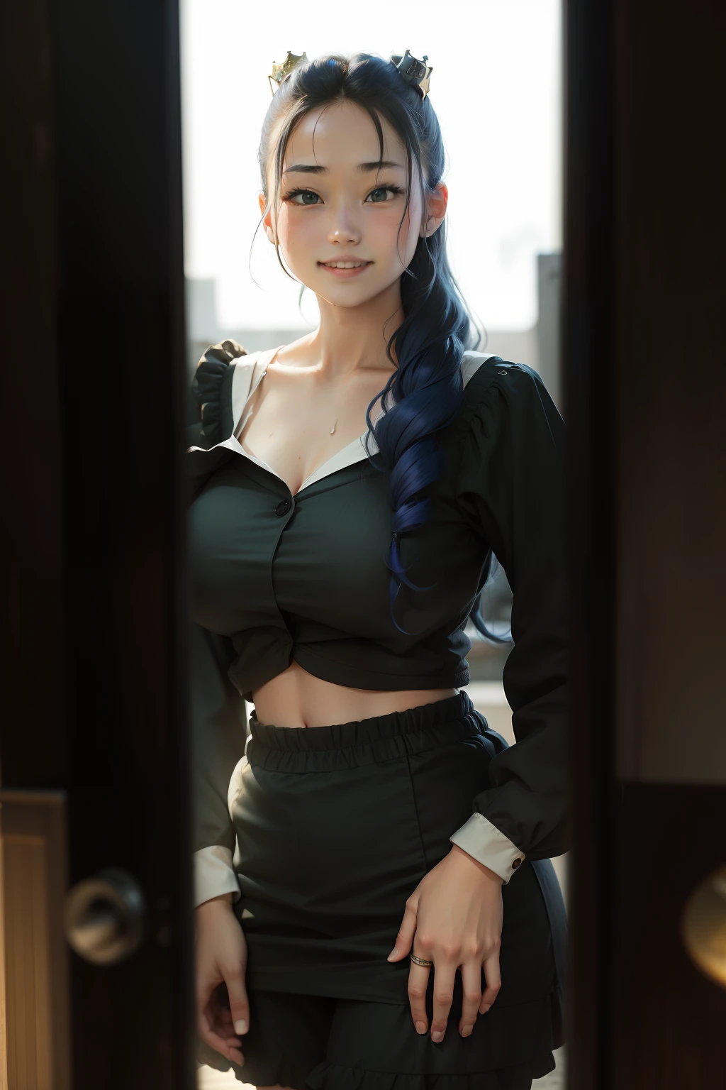 high-level image quality、masterpiece、8K、1womanl、japanes、Konata Izumi(Rakisuta)、18year old、Saint a girl、1 persons、独奏、One person on the screen、Empty bangs、Hair color is blue、Hair is blue、Longhaire、Curly hair、Large bouncing hairs on the crown of the head,、Light green eyes、Green eyes、big eye、Hanging eyes、nerdy、Active、Cheerful、Fluffy smile、Growing girls、Red sailor suit、Red sailor suit、Small udder、almost no udder、small tits、Stand with your right hand raised、Decide on a pose、full of sweat、perspiring、outside of house、The background is Akihabara