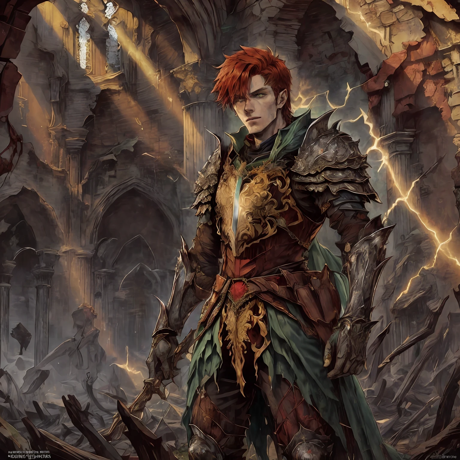 a handsome young man with red hair and green eyes, in a large heavenly armor full of details and jewels, in a ruined church, melancholic scene, rays of light