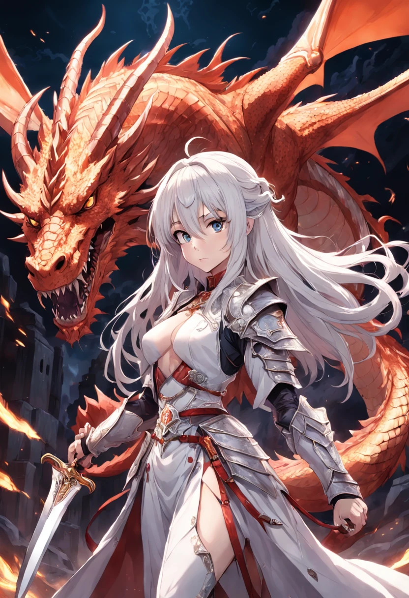 Cavalry on the back of a dragon，White silver-haired lady，Holding a large knife eight feet long，Fight the hellish dragons，Brilliant skills，bedazzled，Huge dragon body