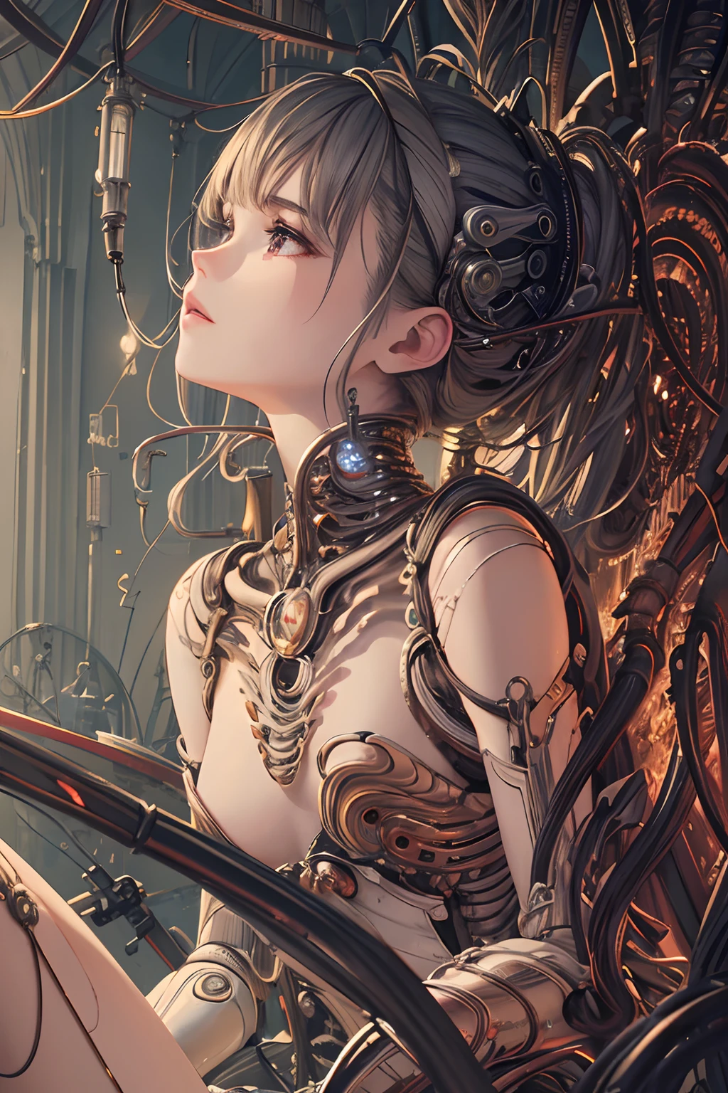 (((masterpiece))), (((best quality))), ((ultra-detailed)), (highly detailed CG illustration), ((an extremely delicate and beautiful)),(from side),cinematic light,((1mechanical girl)),solo,full body,(machine made joints:1.2),((machanical limbs)),(blood vessels connected to tubes),(mechanical vertebra attaching to back),((mechanical cervial attaching to neck)),(sitting),expressionless,(wires and cables attaching to neck:1.2),(wires and cables on head:1.2)(character focus),science fiction,extreme detailed,colorful,highest detailed