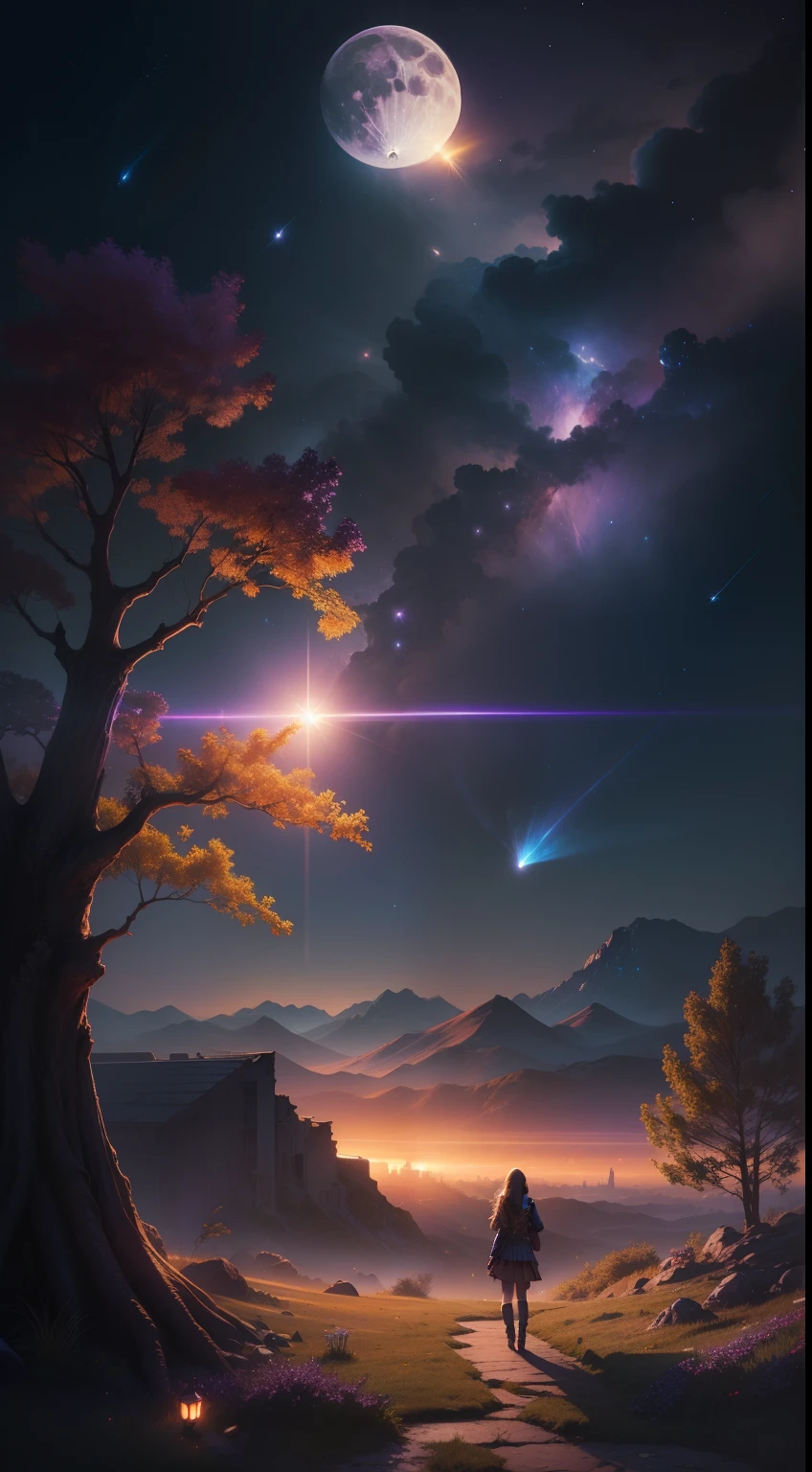 expansive landscape photograph , (a view from below that shows sky above and open field below), a girl standing on flower field looking up, (full moon:1.2), ( shooting stars:0.9), (nebula:1.3), distant mountain, tree BREAK
production art, (warm light source:1.2), (Firefly:1.2), lamp, lot of purple and orange, intricate details, volumetric lighting BREAK
(masterpiece:1.2), (best quality), 4k, ultra-detailed, (dynamic composition:1.4), highly detailed, colorful details,( iridescent colors:1.2), (glowing lighting, atmospheric lighting), dreamy, magical, (solo:1.2)