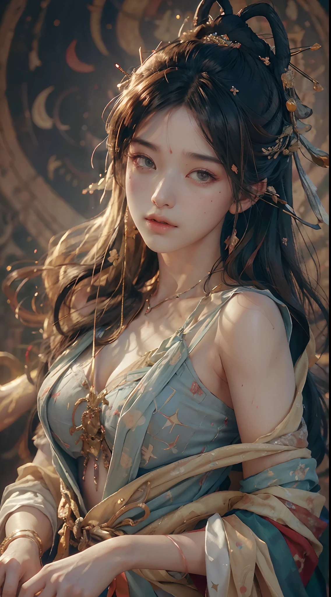 (RAW photo, best quality), (realistic, photo-realistic:1.3),best quality,highly detailed,masterpiece,ultra-detailed,illustration,1girl,upper_body,dynamic angle,world masterpiece theater,messy_long_hair,best quality,extremely detailed CG unity 8k wallpaper,ink,Amazing,cinematic lighting,lens_flare, dunhuang_style