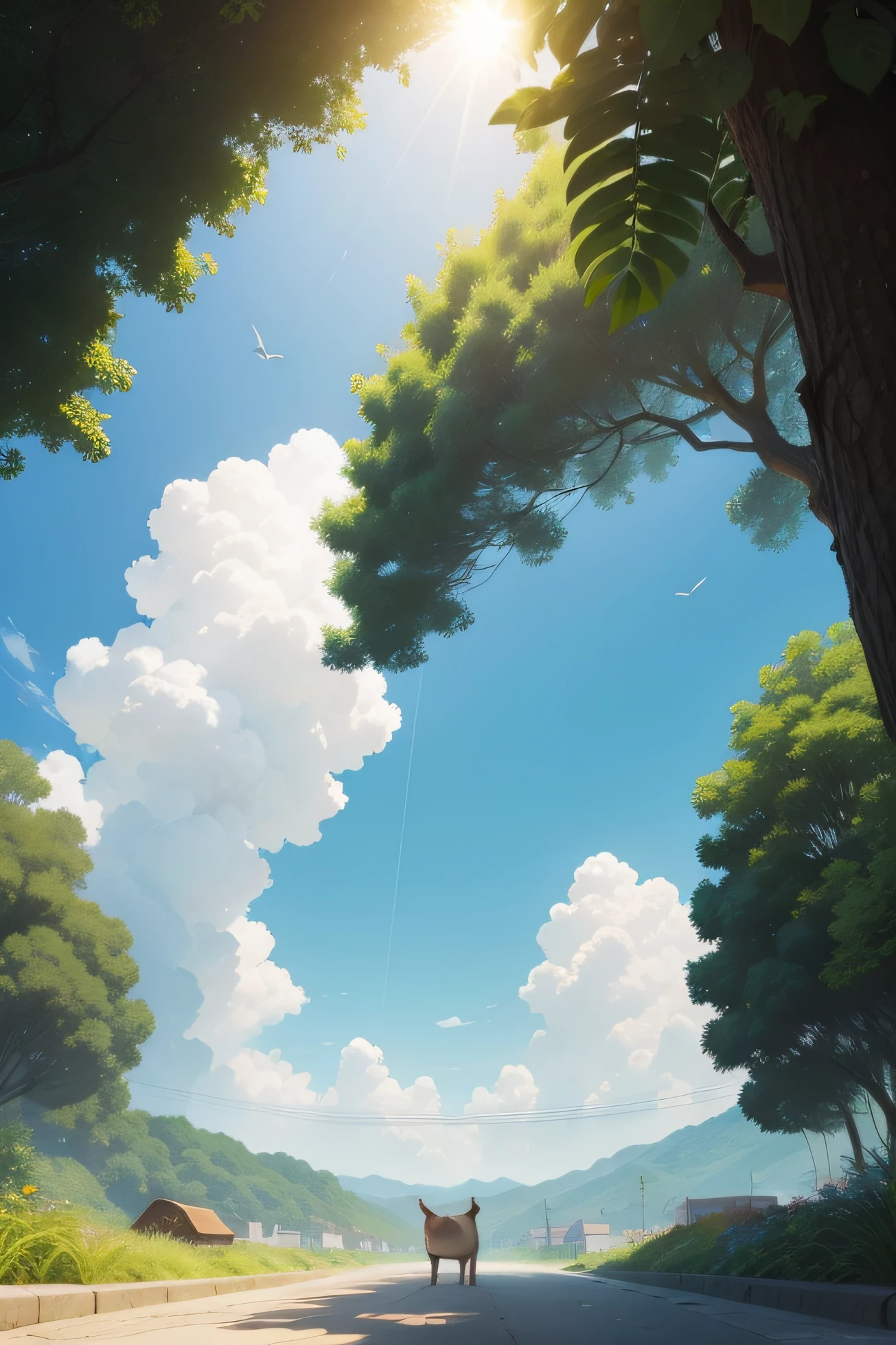 Heat,summer day,Beautiful illustrations,The air is scorching,Lush plants,In the daytime,The sun is dazzling,No humans appear,Big perspective