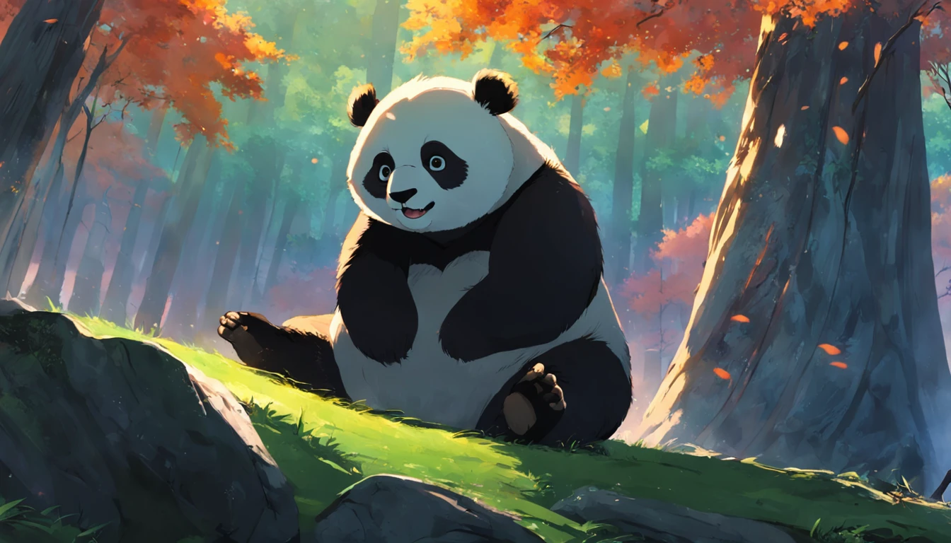 tmasterpiece,best qualityer,cinematic Film still from,1 panda,Close-up,natta,The panda looks up at the forest