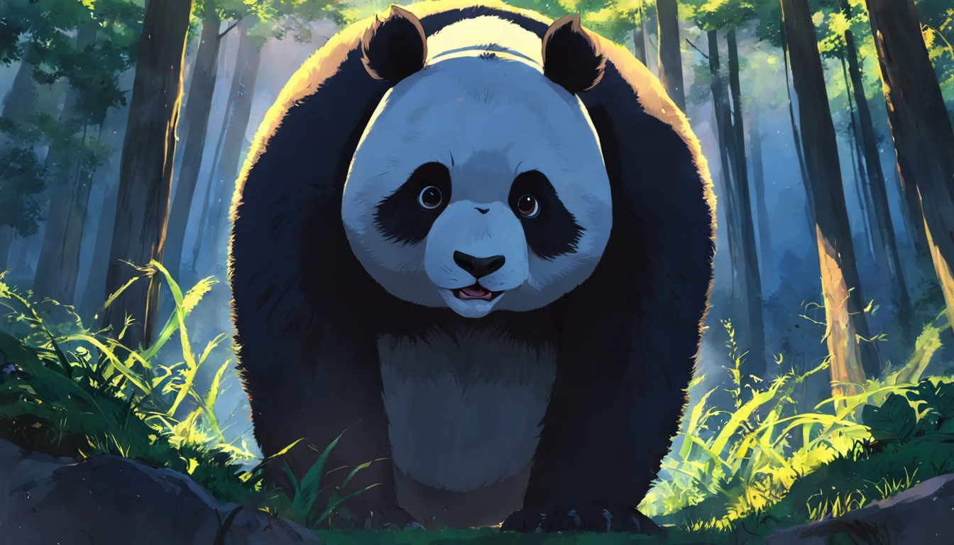 tmasterpiece,best qualityer,cinematic Film still from,1 panda,Close-up,natta,The panda looks up at the forest