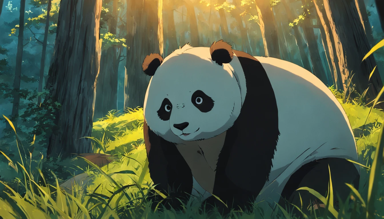 tmasterpiece,best qualityer,cinematic Film still from,1 panda,Close-up,natta,The panda looks up at the forest