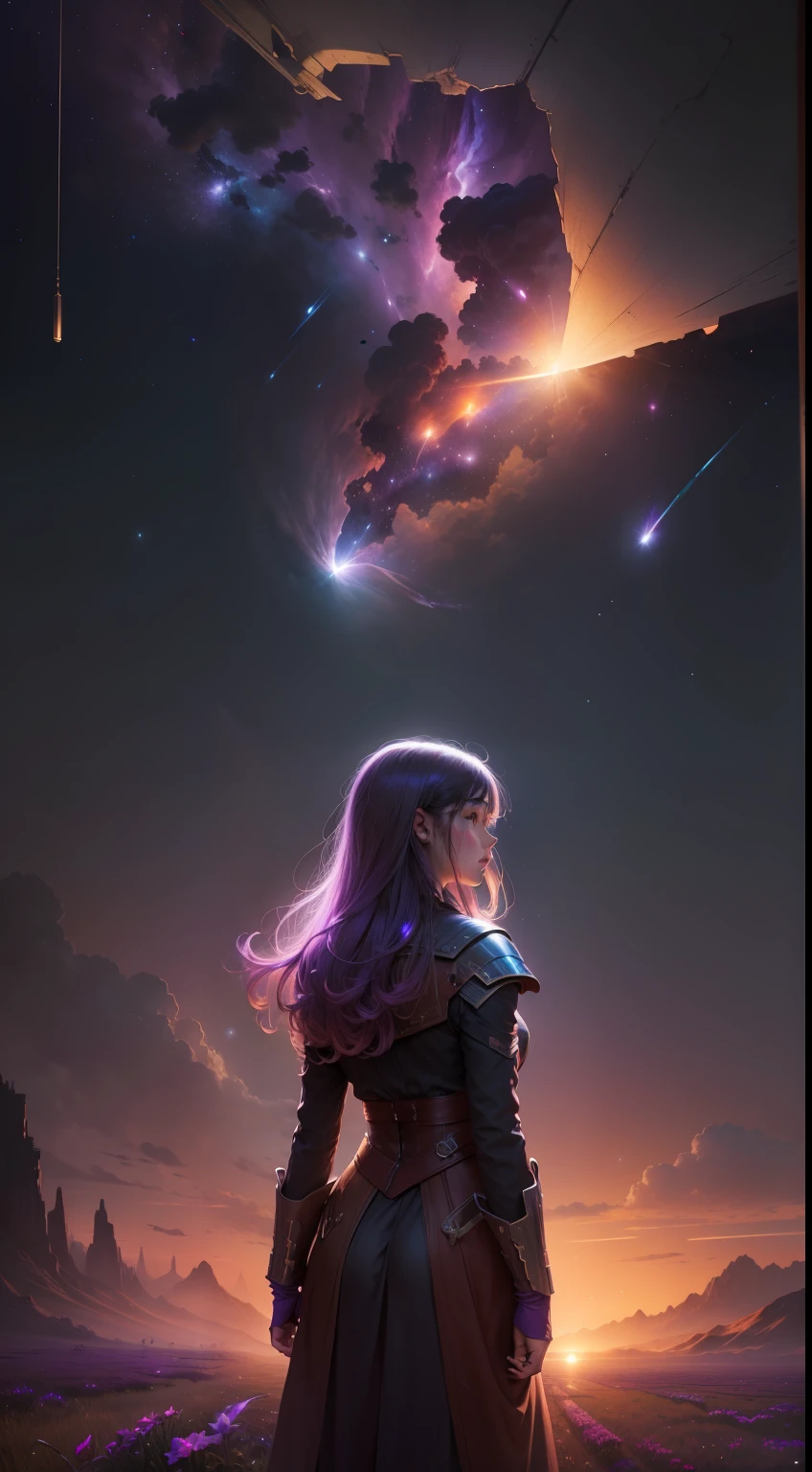 expansive landscape photograph , (a view from below that shows sky above and open field below), a girl standing on flower field looking up, (full moon:1.2), ( shooting stars:0.9), (nebula:1.3), distant mountain, tree BREAK
production art, (warm light source:1.2), (Firefly:1.2), lamp, lot of purple and orange, intricate details, volumetric lighting BREAK
(masterpiece:1.2), (best quality), 4k, ultra-detailed, (dynamic composition:1.4), highly detailed, colorful details,( iridescent colors:1.2), (glowing lighting, atmospheric lighting), dreamy, magical, (solo:1.2)