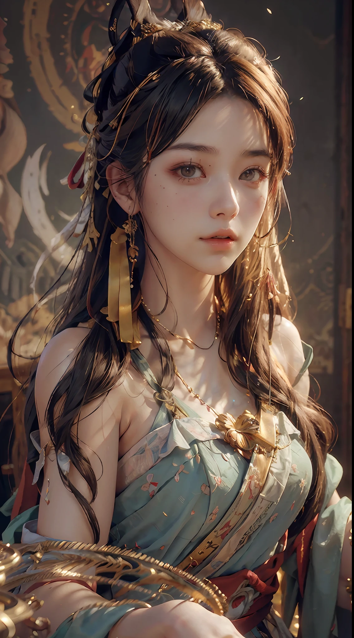 (RAW Photo, Best Quality), (Realistic, Photo Realistic: 1.3), Best Quality, Highly Detailed, Masterpiece, Ultra Detailed, Illustration, 1 Girl, upper_body, Dynamic Angle, World Mastery Theater, messy_long_hair, Best Quality, Extremely Detailed CG Unified 8k Wallpaper, Ink, Amazing, Cinematic Lighting, lens_flare, dunhuang_style, Beautiful Rendering of the Tang Dynasty, (Desert background: 1.2), (Flying pose: 1.2)