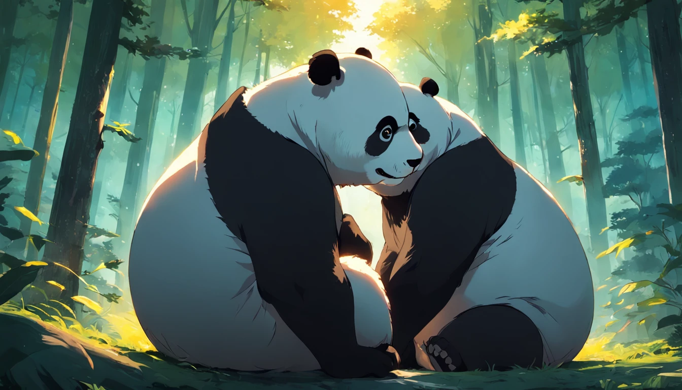 tmasterpiece, best qualityer, cinematic Film still from, Two pandas, Close-up Shot Shot，Bright and bright, cheerfulness, Soft lighting and warmth, natta, Panda looking up at the sky in the forest
