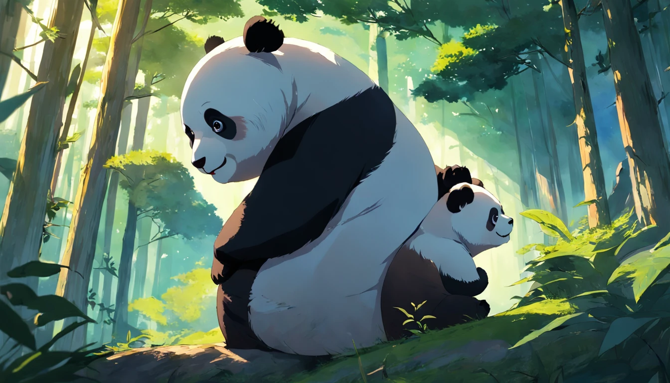 tmasterpiece, best qualityer, cinematic Film still from, Two pandas, Close-up Shot Shot,Bright and bright, cheerfulness, Soft lighting and warmth, natta, Panda looking up at the sky in the forest