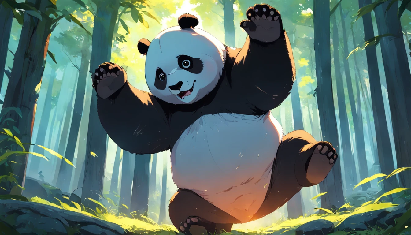 tmasterpiece, best qualityer, cinematic Film still from, Two pandas, Close-up Shot Shot，Bright and bright, cheerfulness, Soft lighting and warmth, natta, Panda looking up at the sky in the forest