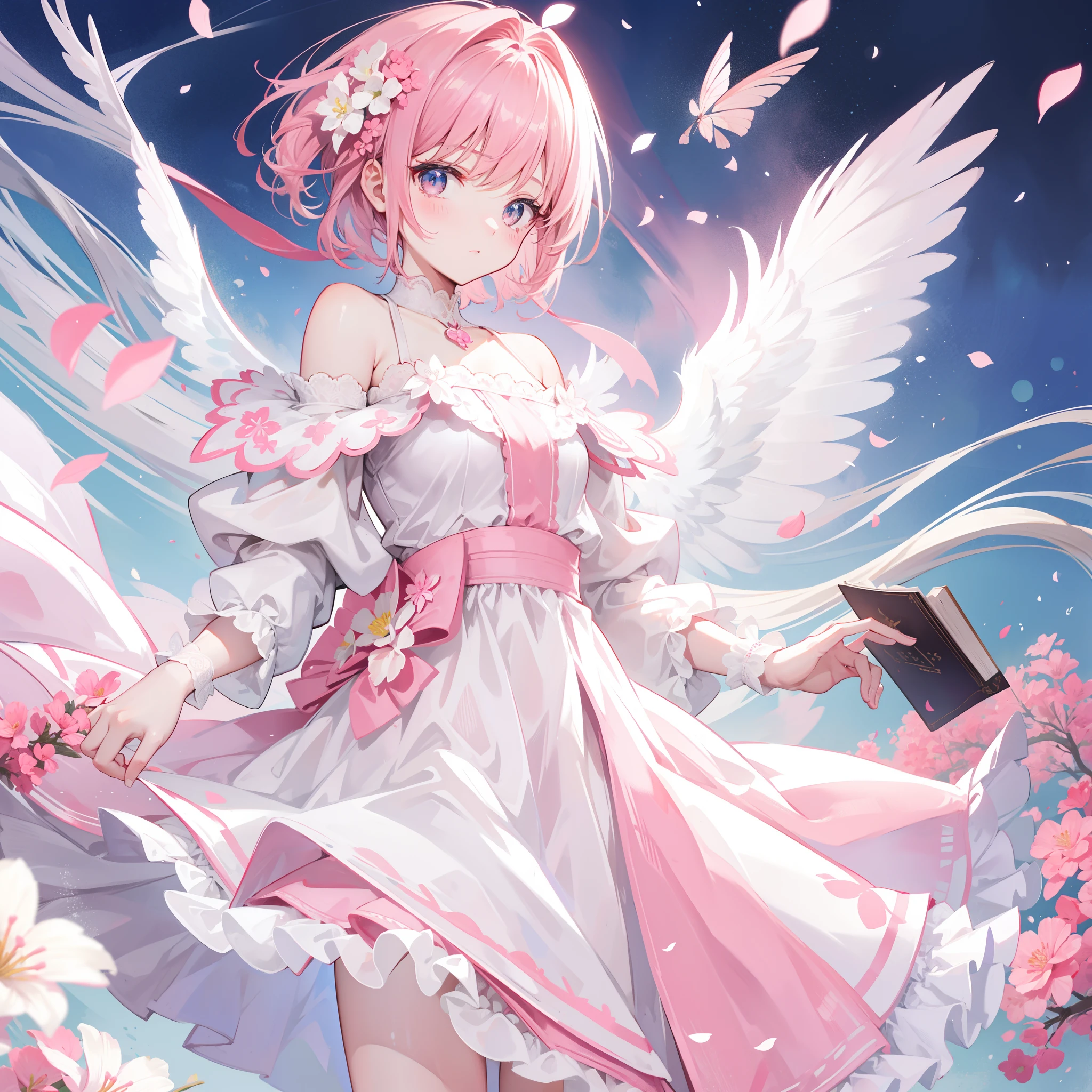 Short pink and white off-the-shoulder hair,Scallop white floral dress,Dignified and lovely teacher, Beautiful girl