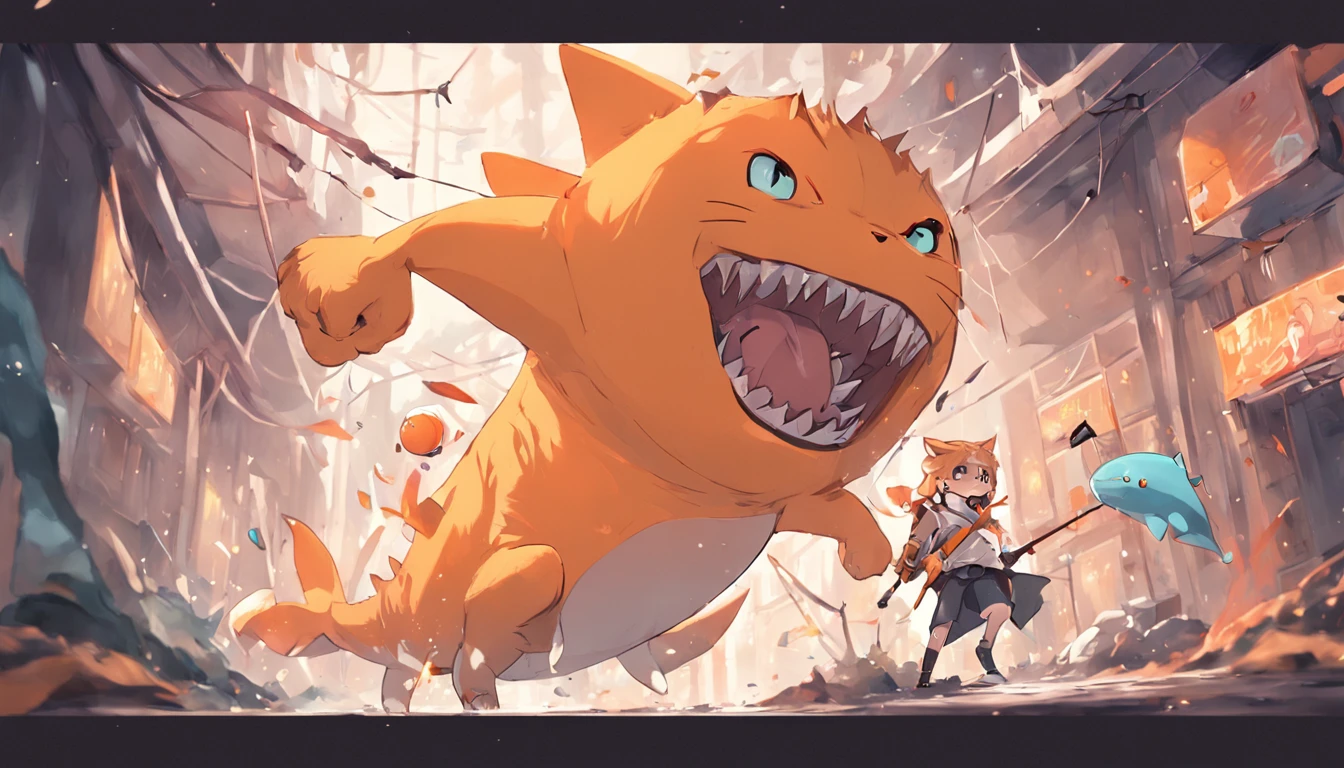 (The shark ran to the orange cat with a toilet handle,The orange cat holds a bow and arrow in his hand,animal personification),Toilet pickles,Chase and fight,Stylized 3D rendering,Cute 3d render,3D rendering official art,Stylized anime