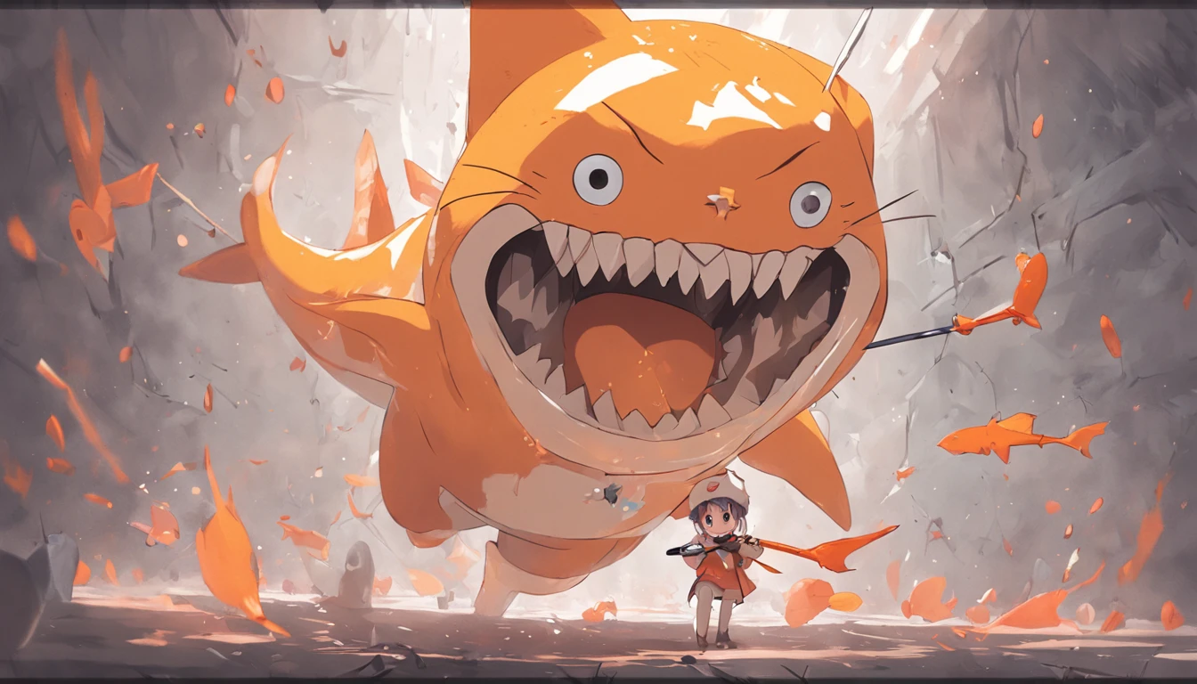 (The shark ran to the orange cat with a toilet handle,The orange cat holds a bow and arrow in his hand,animal personification),Toilet pickles,Chase and fight,Stylized 3D rendering,Cute 3d render,3D rendering official art,Stylized anime
