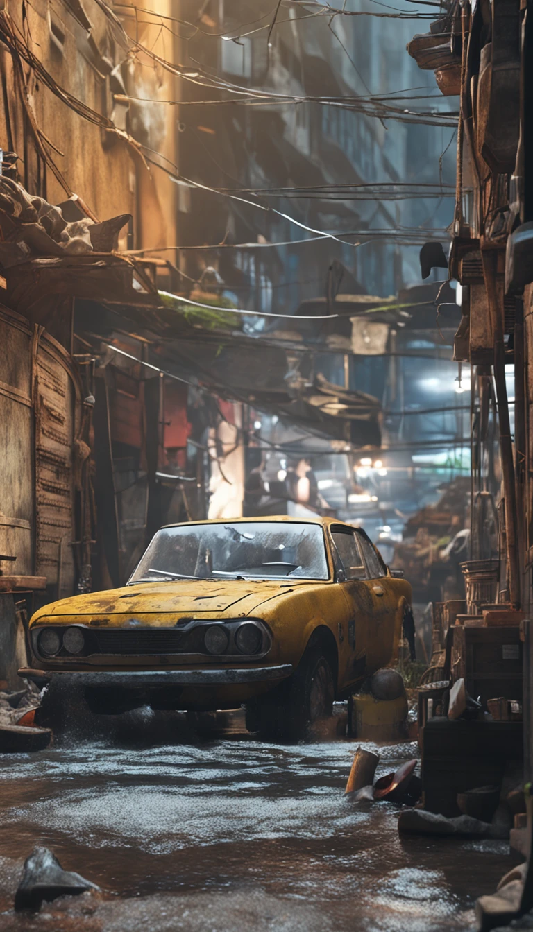 ultra-realistic image, Real-world scenarios,8k解像度,フォトンマッピング、detailed and complex environment、The is very detailed、top-quality、artsy photography、photorrealistic concept art,In the messy workshop,white short sleeve,Blue strappy jeans,White sneakers,Hold a water hose in your hand,Muddy water splashed,Wash the yellow Ferrari sports car