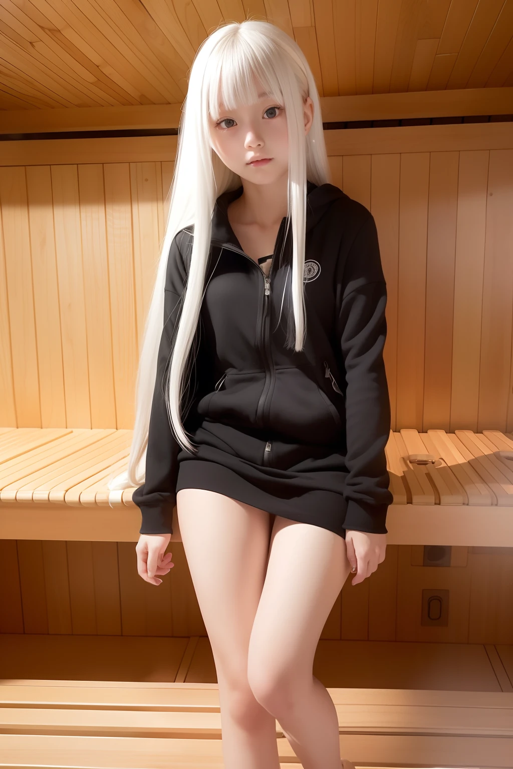 knees together feet apart,Jacket,In the sauna,(Smooth look:1.1),(masutepiece:1.2),(Hyper realistic:1.4),(1 girl:1.2),Long hair,White hair,10 yating hair,Blunt bangs,Cute face,Cute black eyes,(Medium chest:1.2),8K resolution,