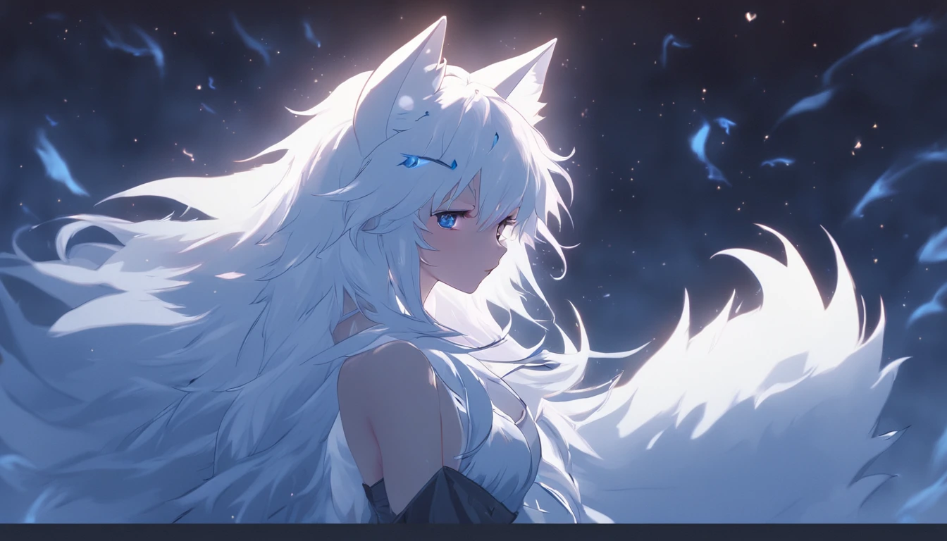 (Next to the anime girl with white fur fox ears before the full moon is a huge white nine-tailed fox:1.5), fantasy fox love, White-haired fox, white fox anime, Anime fantasy illustration,(dark forest background,Blue transparent smoke surrounds:1.8), art of silverfox,Best quality, Masterpiece, 超高分辨率, (photograph realistic:1.4), ultra-realistic realism, Dream-like,fusionart, Shadowdancer, shadow magic, Darkness, stealth, shadowstep, umbral spells,