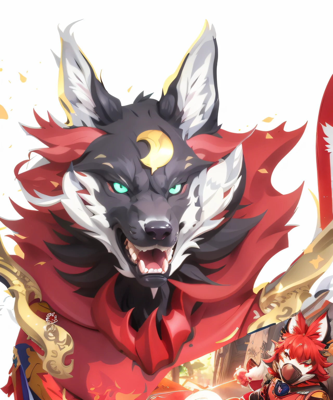 Anime characters with different colored eyes and red hair, onmyoji portrait, Onmyoji detailed art, fox nobushi, onmyoji, anthropomorphic wolf male, anthropomorphic wolf, zhongli from genshin impact, koda kazuma, anthropomorphic wolf, with kitsune mask, extra detail, mizutsune