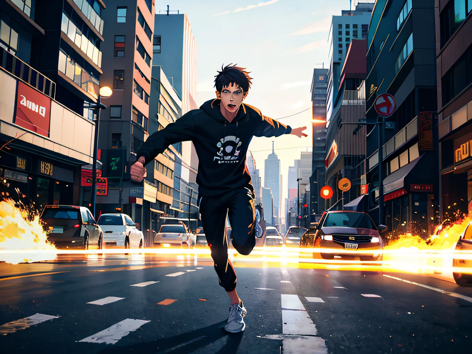 HD clear, best images, illustration quality, super detailed, a young man in a black casual sweatshirt, running on the streets during the day, crowd