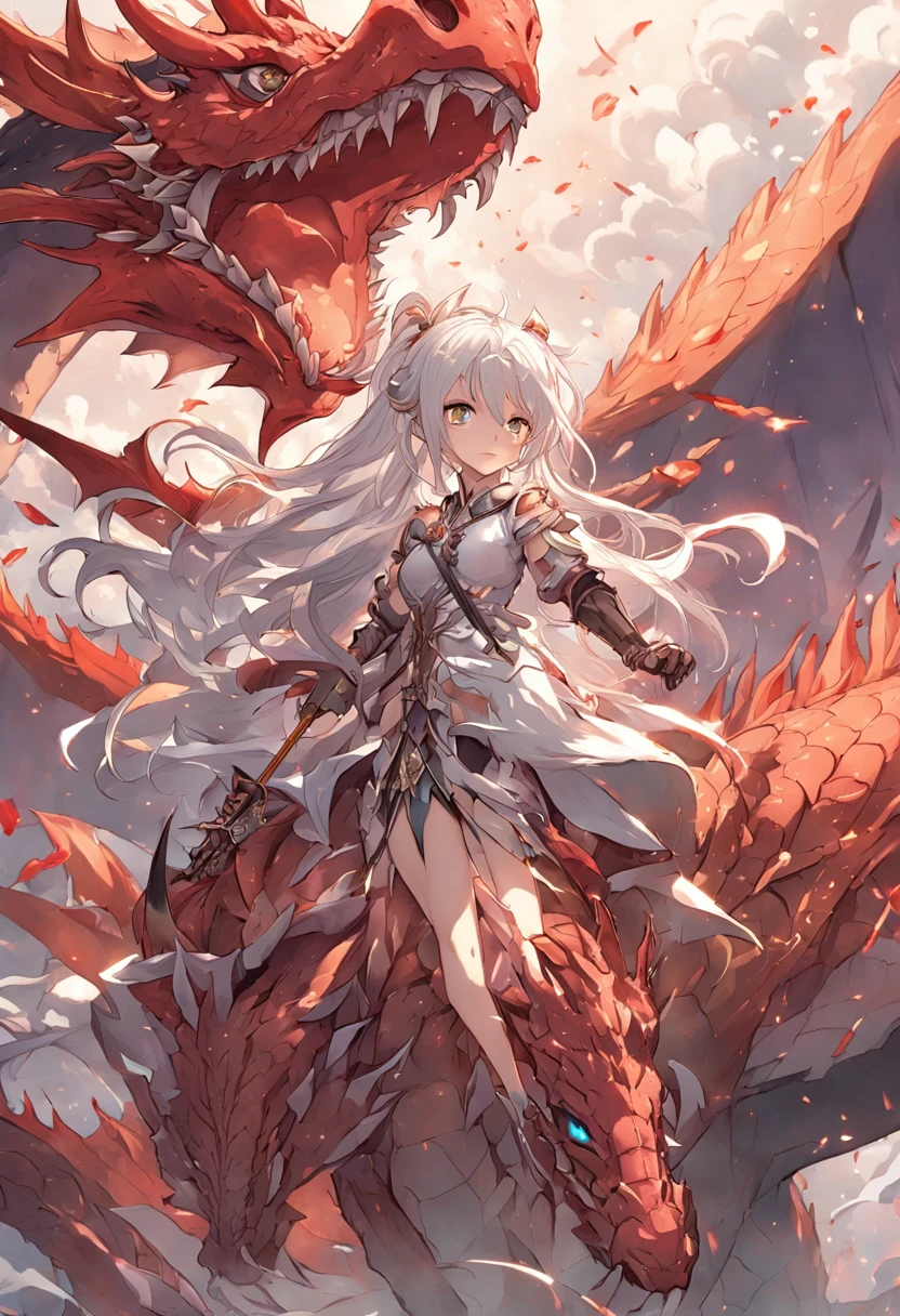 Cavalry on the back of a dragon，White silver-haired lady，Holding a large knife eight feet long，Fight the hellish dragons，Brilliant skills，bedazzled，Huge dragon body