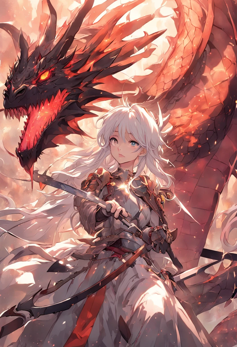 Cavalry on the back of a dragon,White silver-haired lady,Holding a large knife eight feet long,Fight the hellish dragons,Brilliant skills,bedazzled,Huge dragon body