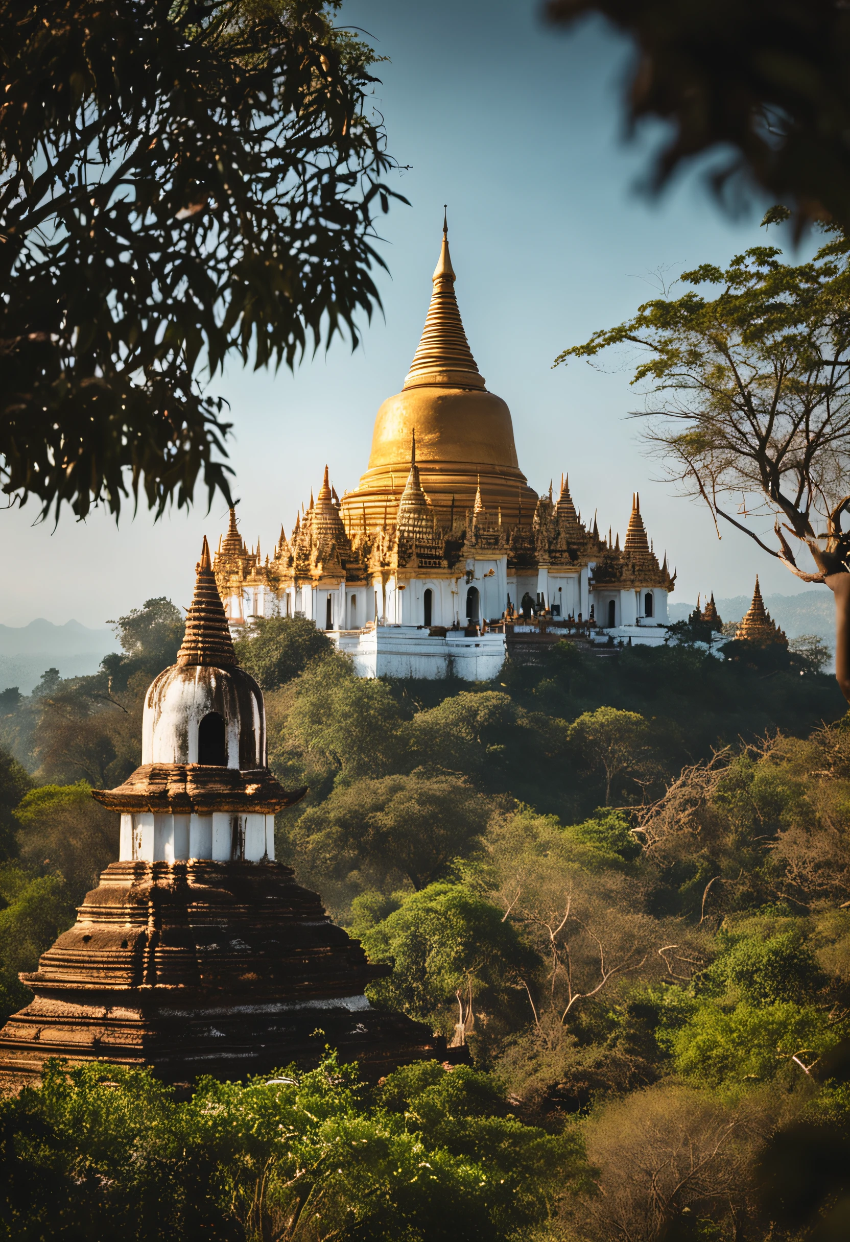 landscape of Myanmar, white pagoda and monastery on the hill, intricate image