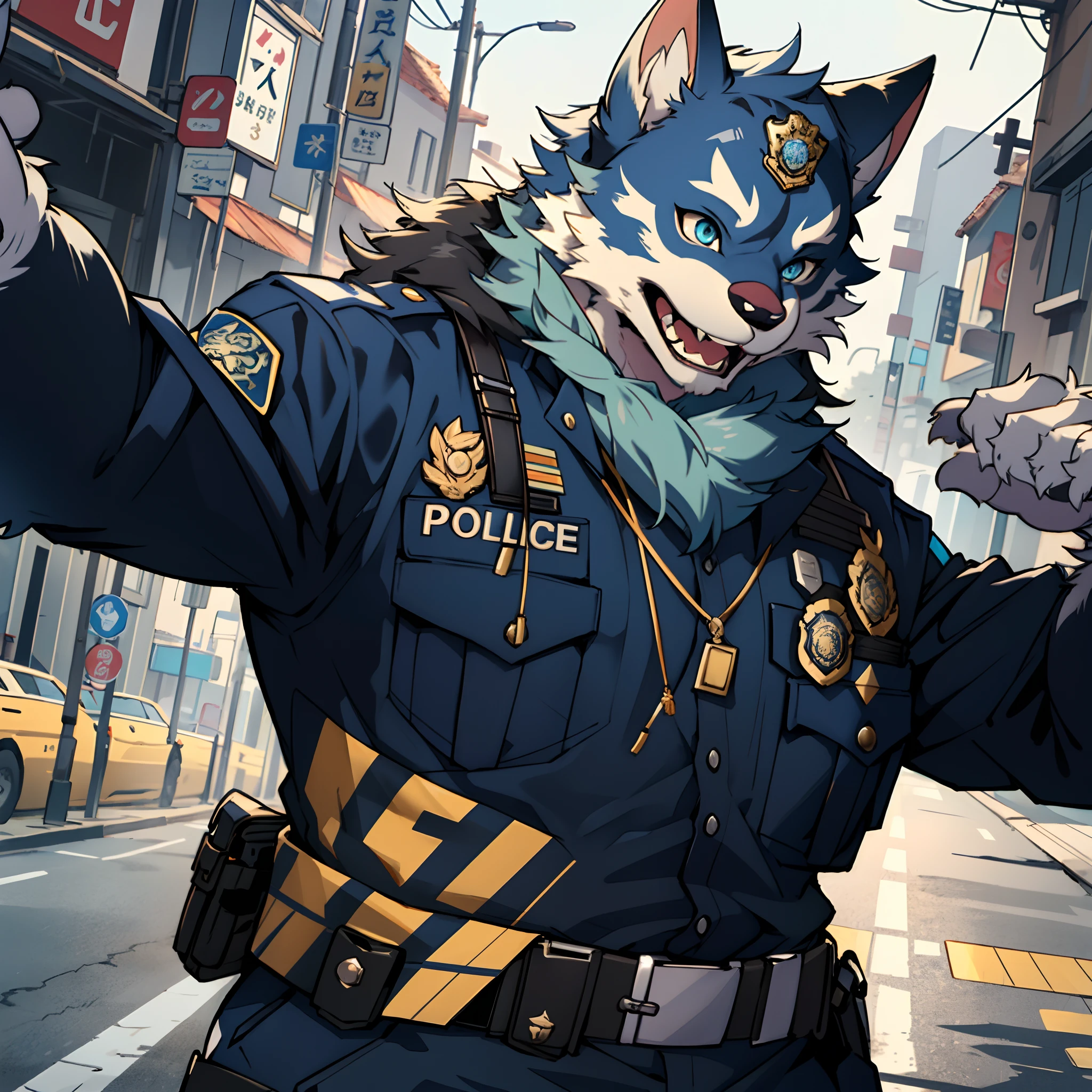 highres, paid reward available, unparalleled masterpiece, street(highly detailed beautiful face and eyes)absurdres, perfect ???????, good lighting, volumetric lighting, cinematic shadow(angelic handsome 1boy, kemono, solo focus, single, muscle man, beard, dignified, Laugh wildly)(furry anthro:1.7)(Furry body, dog facial features, dog body features)(very detailed body fur)dynamic pose, ((police officer, black police uniform))muscle, facial hair, shirt, selfie,