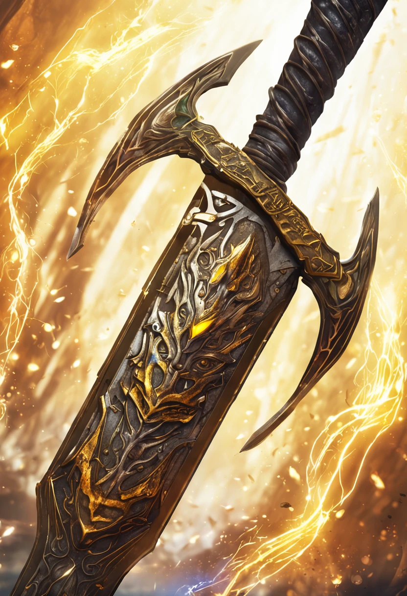 An ancient pike emerges from the depths of darkness, its handle adorned with intricate yellow runes and a gleaming blade at the end.