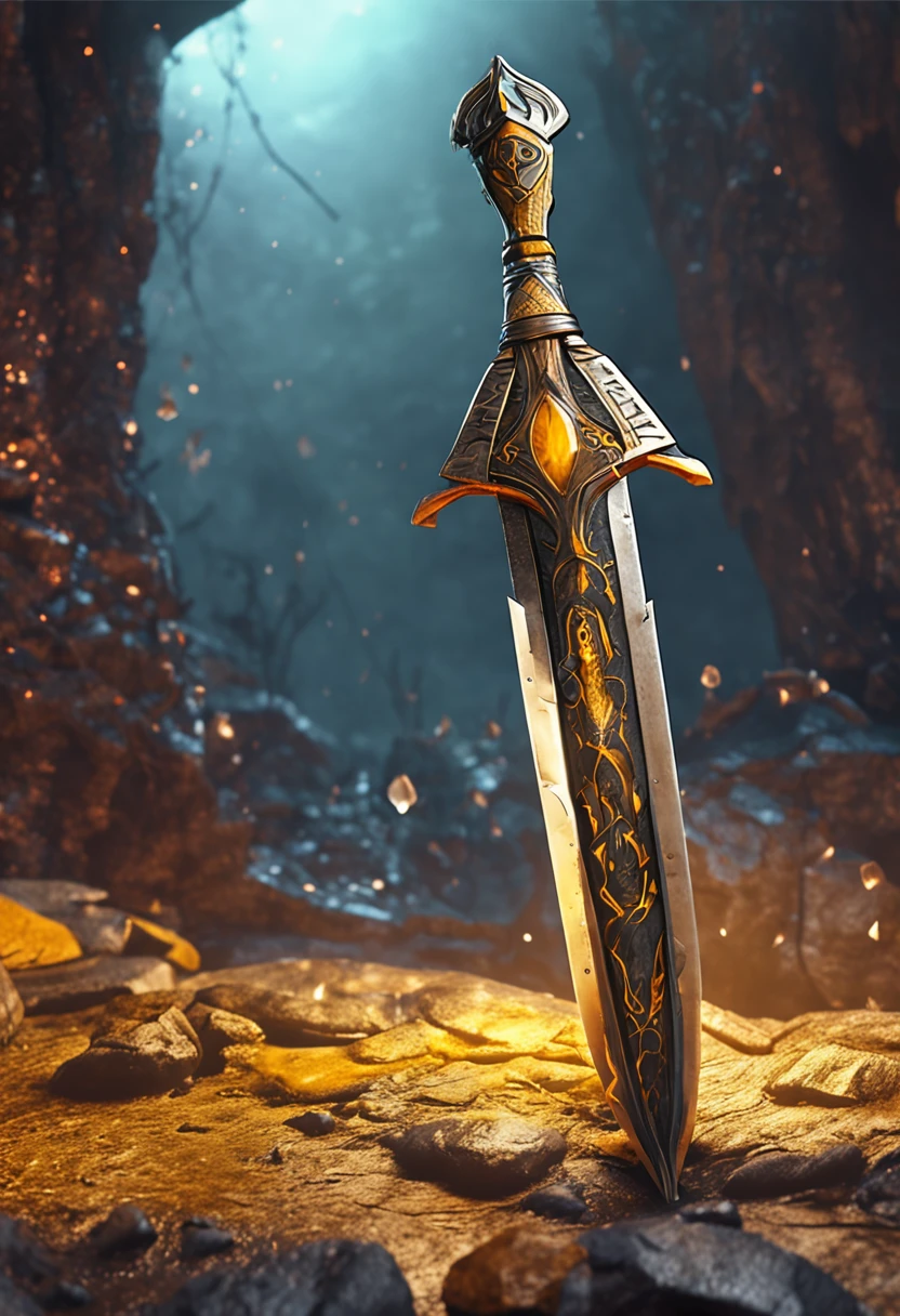 An ancient pike emerges from the depths of darkness, its handle adorned with intricate yellow runes and a gleaming blade at the end.