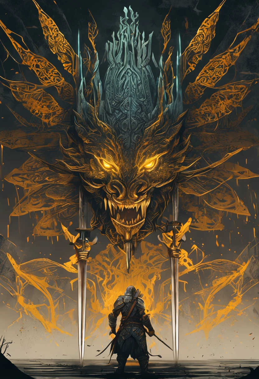 An ancient pike emerges from the depths of darkness, its handle adorned with intricate yellow runes and a gleaming blade at the end.