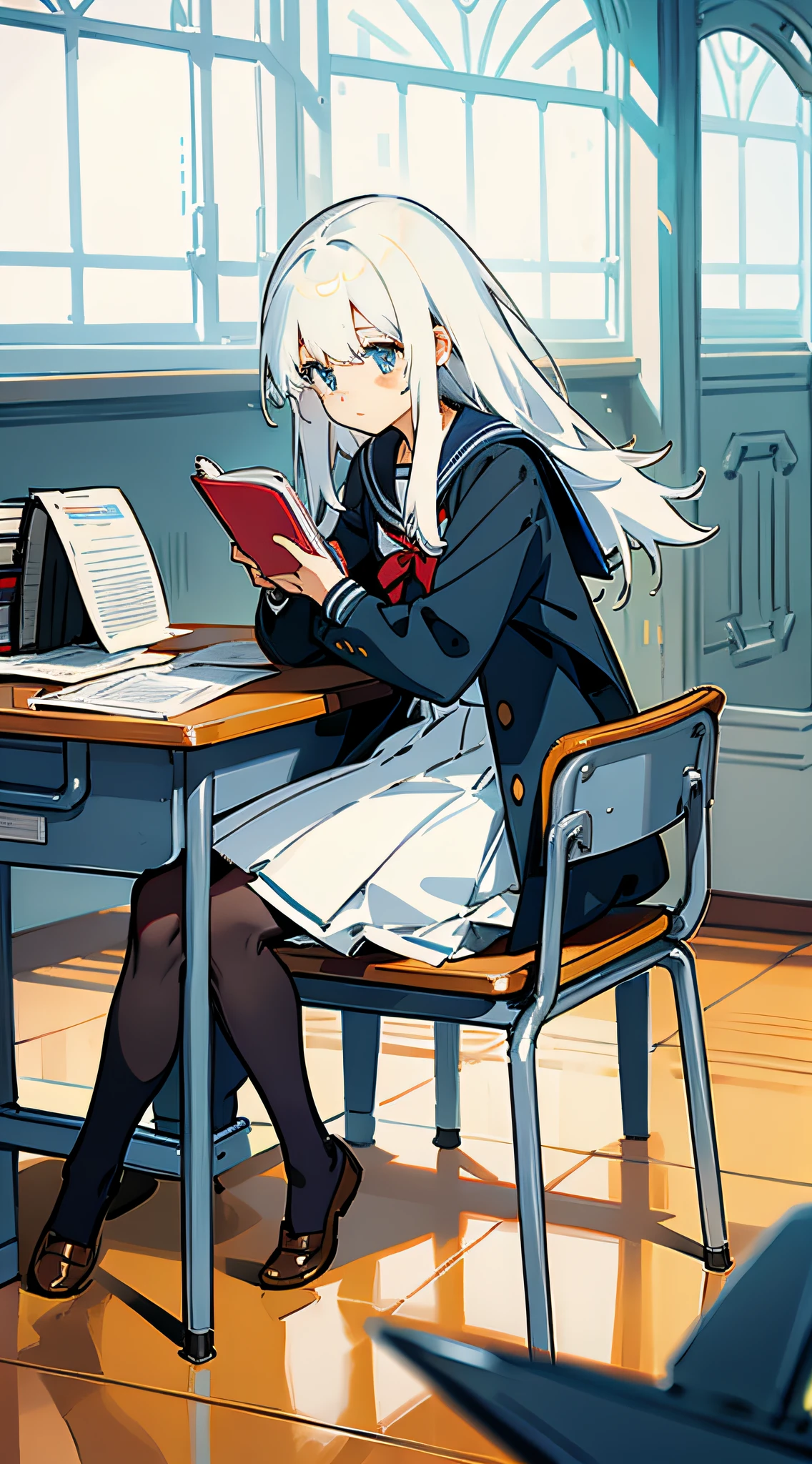 girl, school uniform, indoor, school desk, sit, holding book, white hair, open jacket