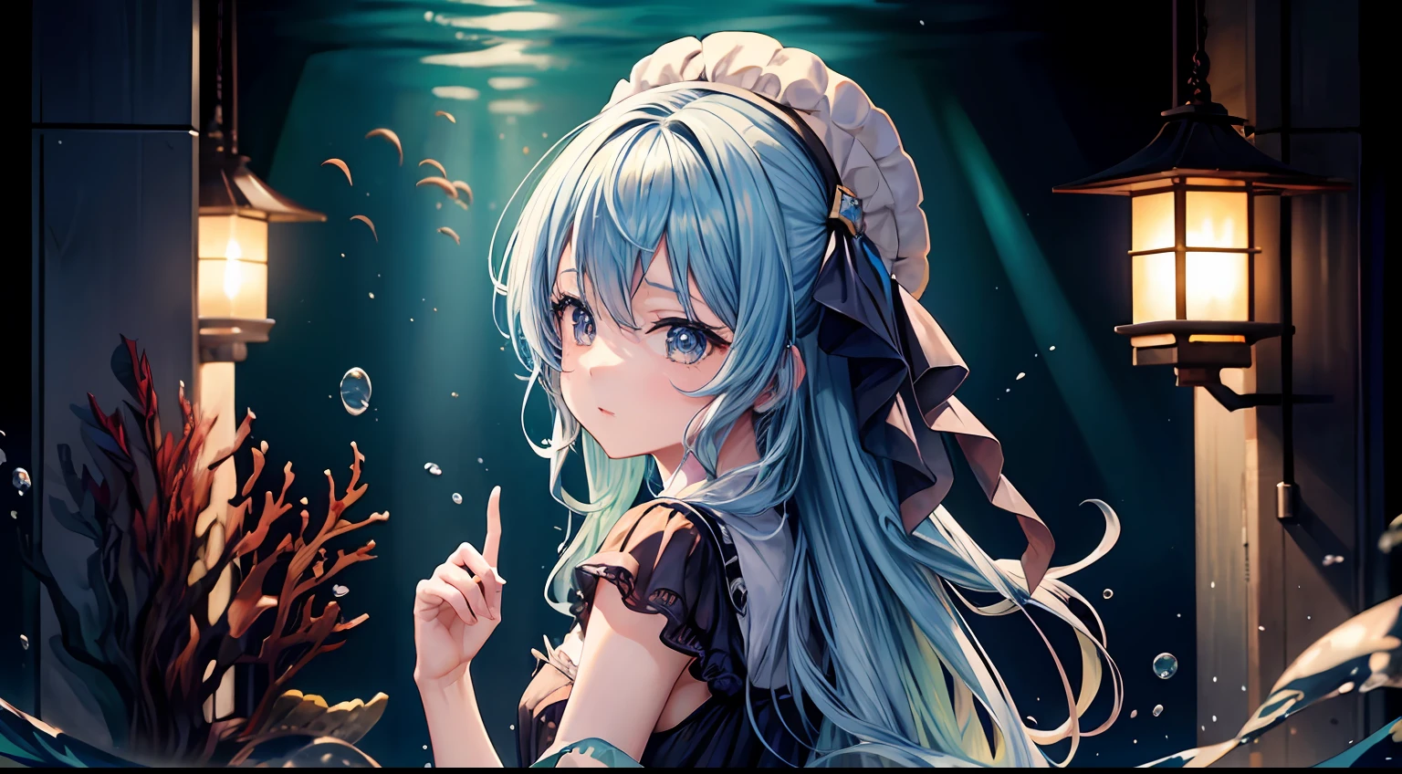 Faraway view、1girl in, hoshimachi suisei(hololive),masterpiece、top-quality、abyssal、Under the sea、under the water