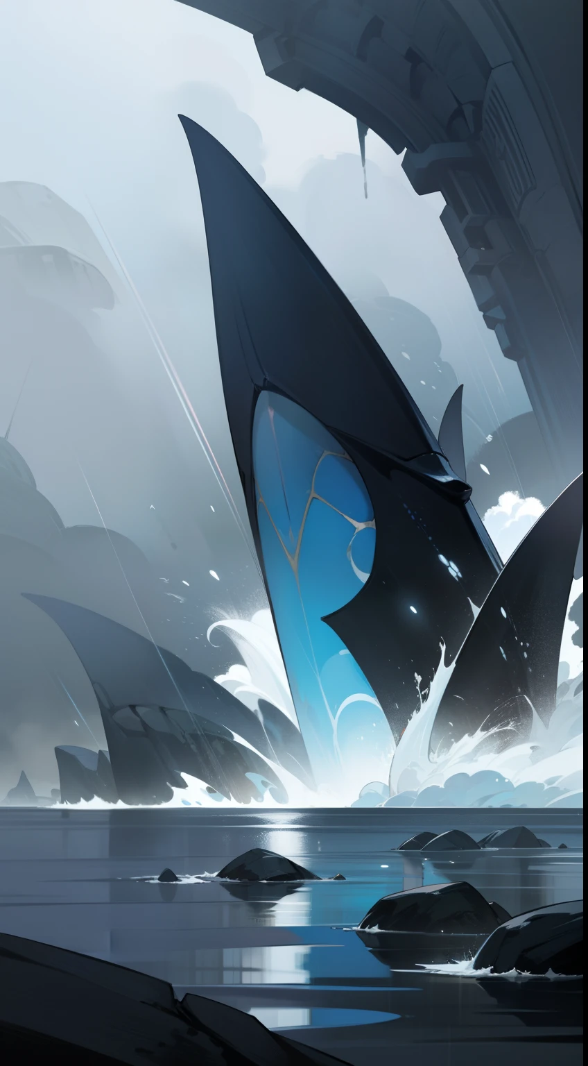 large scene,shores,Strange rocks tower,Tidal,The gray sky was obscured by a huge manta ray,violent storm,raiden,Solemn, eerie