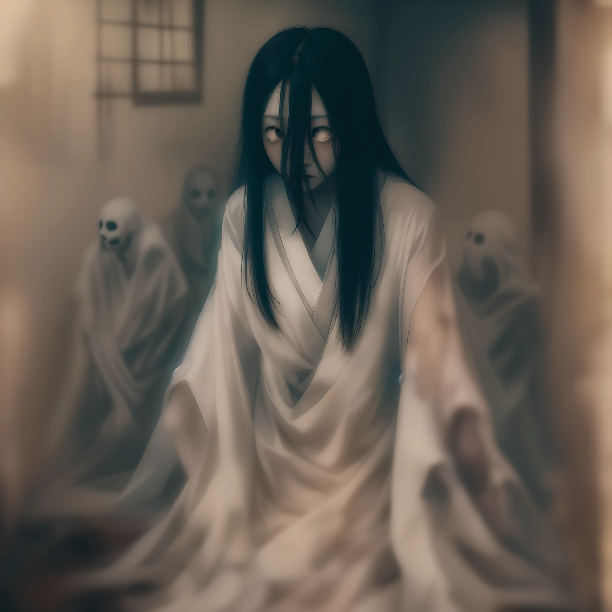 Ju-on the grudge, Kayako, age 30, milf, mature woman,yurei, (mature face:1.4), (crawling on the floor of a dimly lit attic:1.4), shocked face, bloody eyes, with ghostly figures lurking in the shadows and eerie portraits that seem to watch her every move.