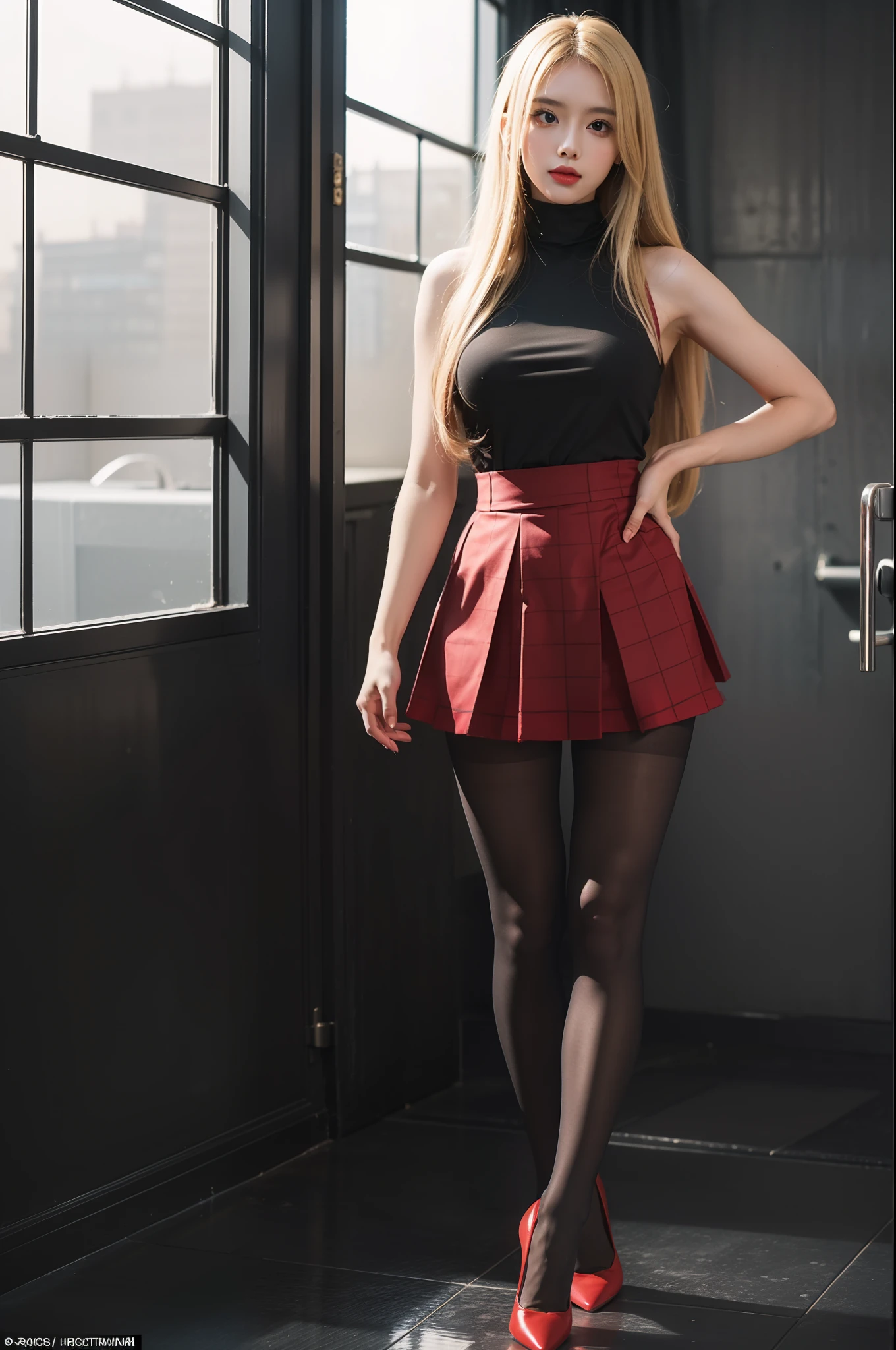 (full body:1.5),(1girl:1.3),(view the viewer:1.4),(anatomy correct:1.4),(Opaque red pantyhose and pointed thick heels :1.3),(Pushing the door in the bathroom:1.2),(Wearing a Checkered high waisted skirt:1.2),(Extra Long blonde Hair:1.2),(Accurate and perfect face:1.3),(Long legs:1.3),hyper HD, Ray traching, reflective light, structurally correct, Award-Awarded, high detail, lighten shade contrast, Face lighting ,cinematic lighting, masterpiece, super detailing, high quality, high detail, best quality, 16k,High contrast,